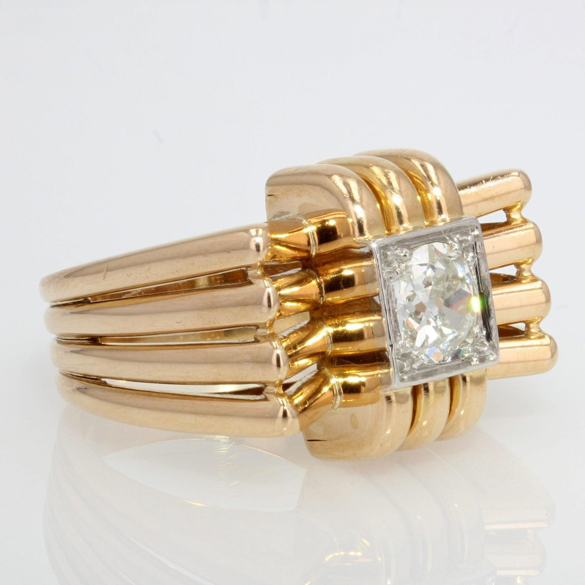 Women's or Men's French 1940s Diamond 18 Karat Yellow Gold Platinum Knot Tank Ring