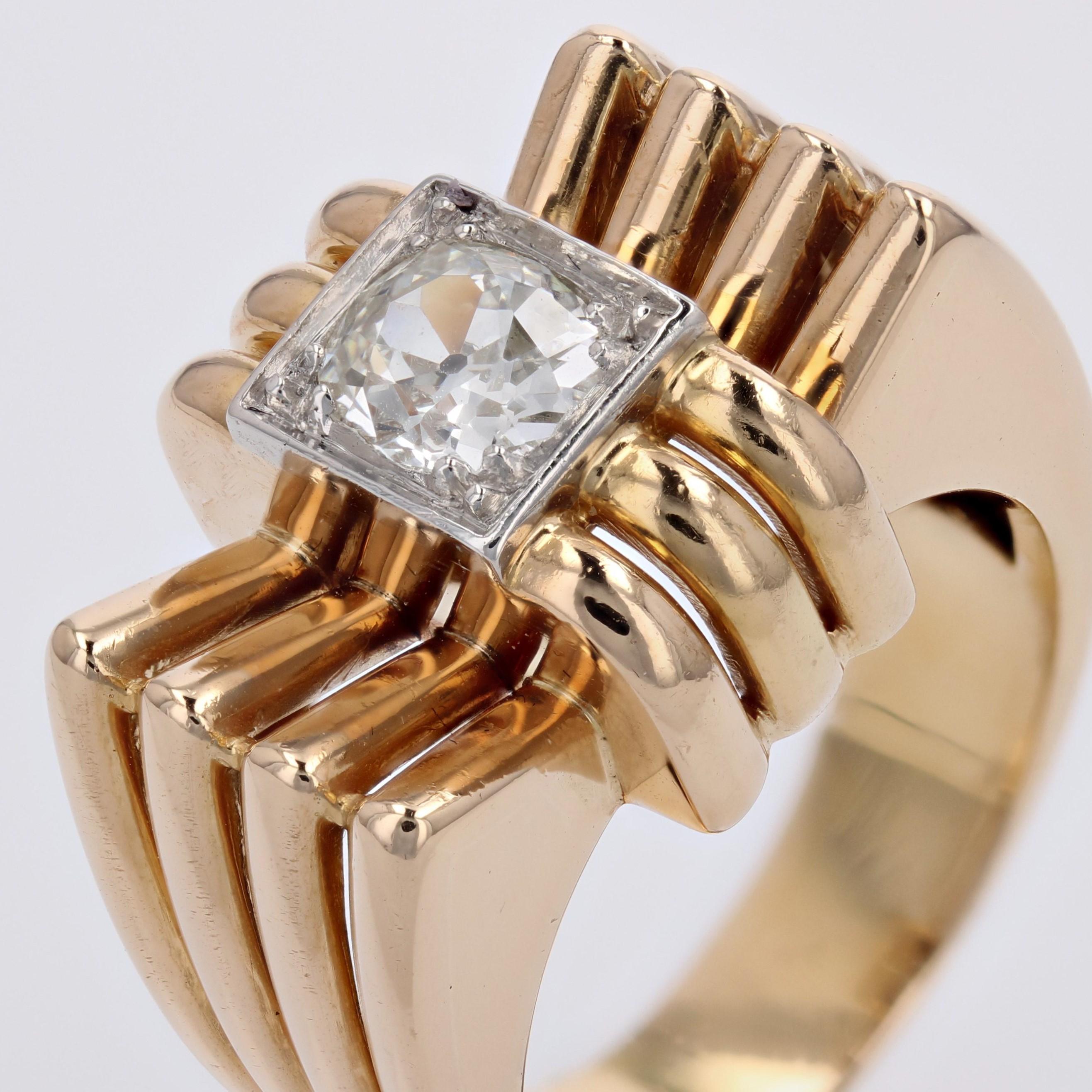 French 1940s Diamond 18 Karat Yellow Gold Platinum Knot Tank Ring 1
