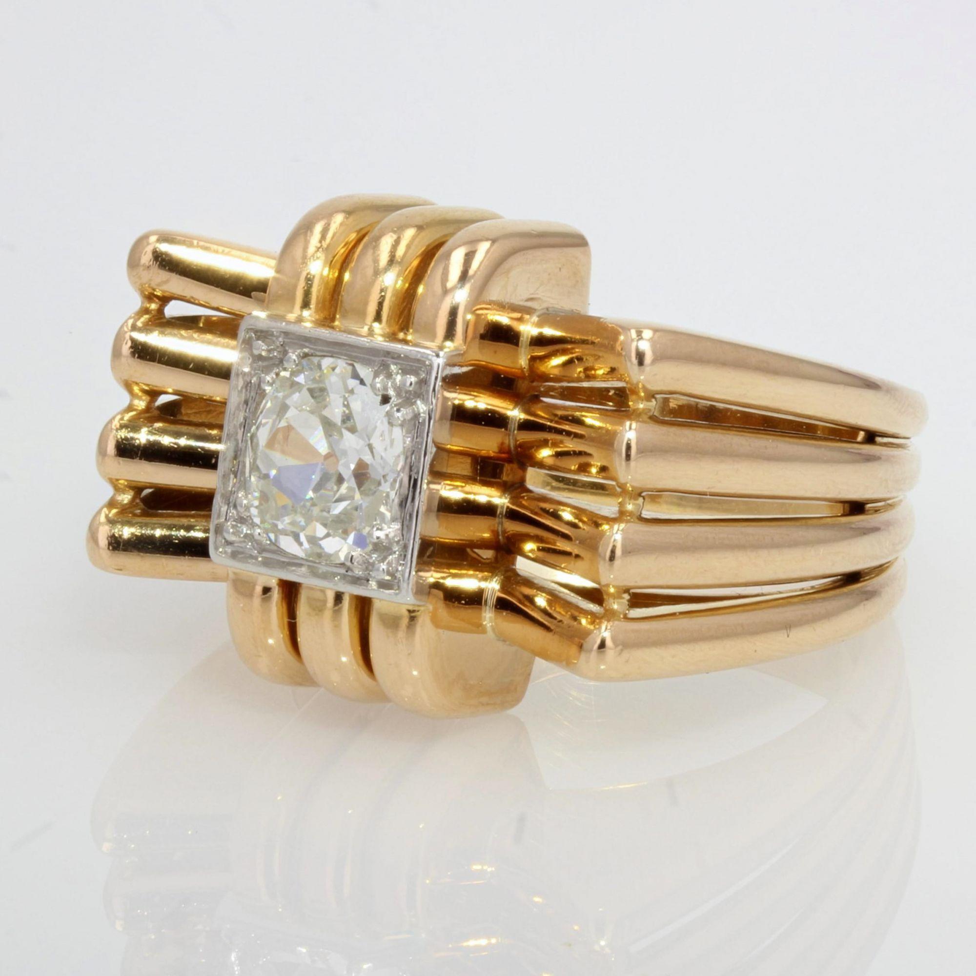 French 1940s Diamond 18 Karat Yellow Gold Platinum Knot Tank Ring 2