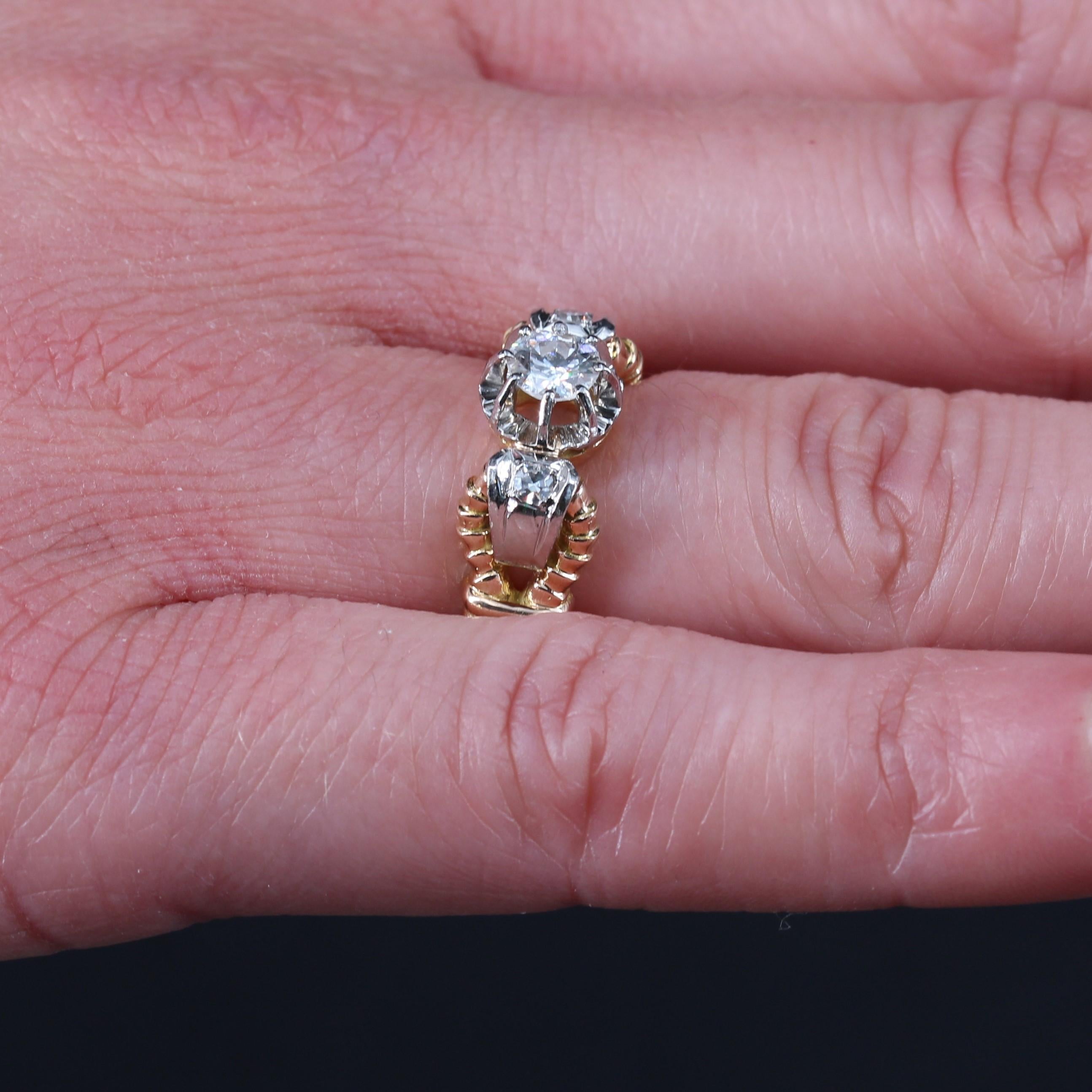 French 1940s Diamond 18 Karat Yellow Gold Platinum Solitaire Ring For Sale 4