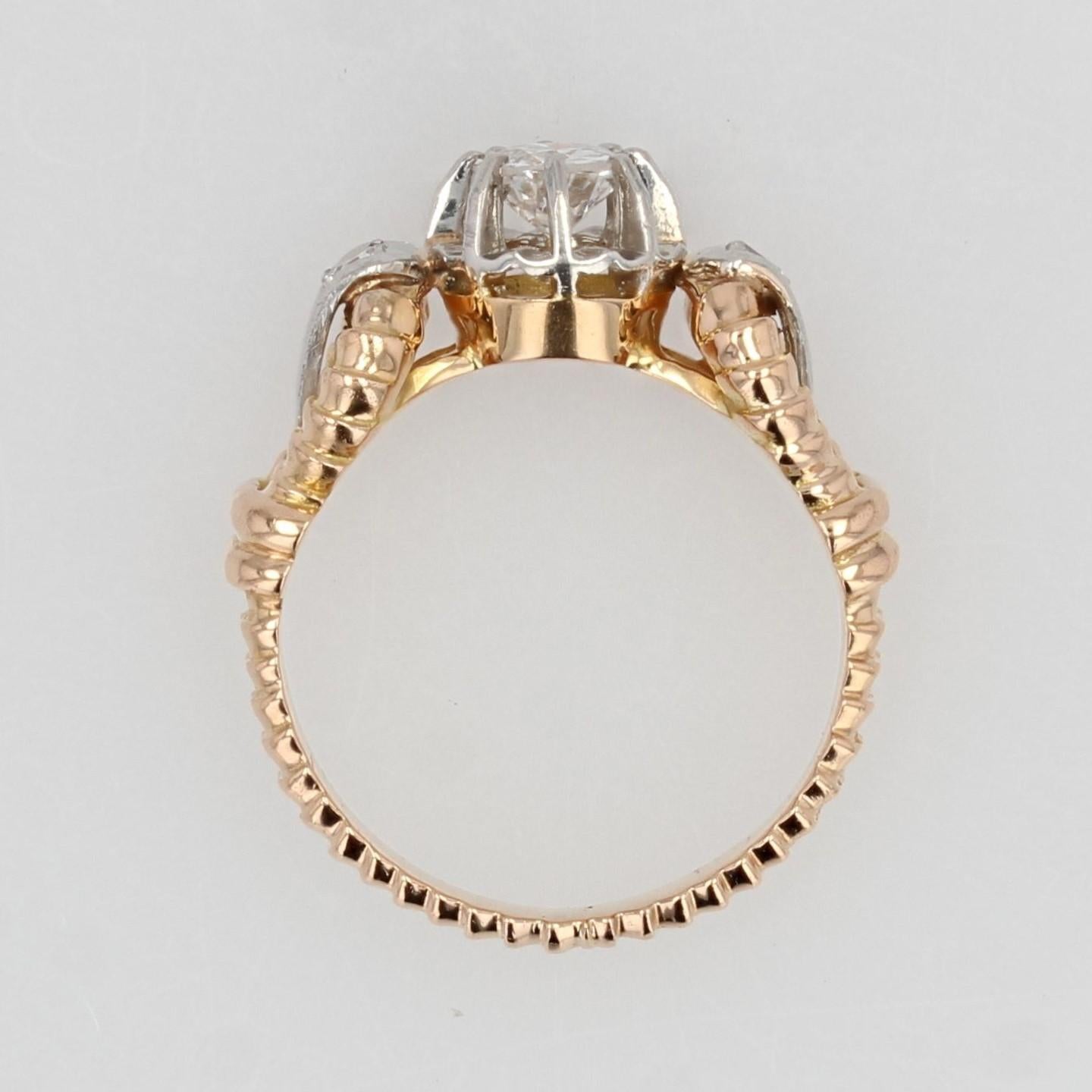 French 1940s Diamond 18 Karat Yellow Gold Platinum Solitaire Ring For Sale 6
