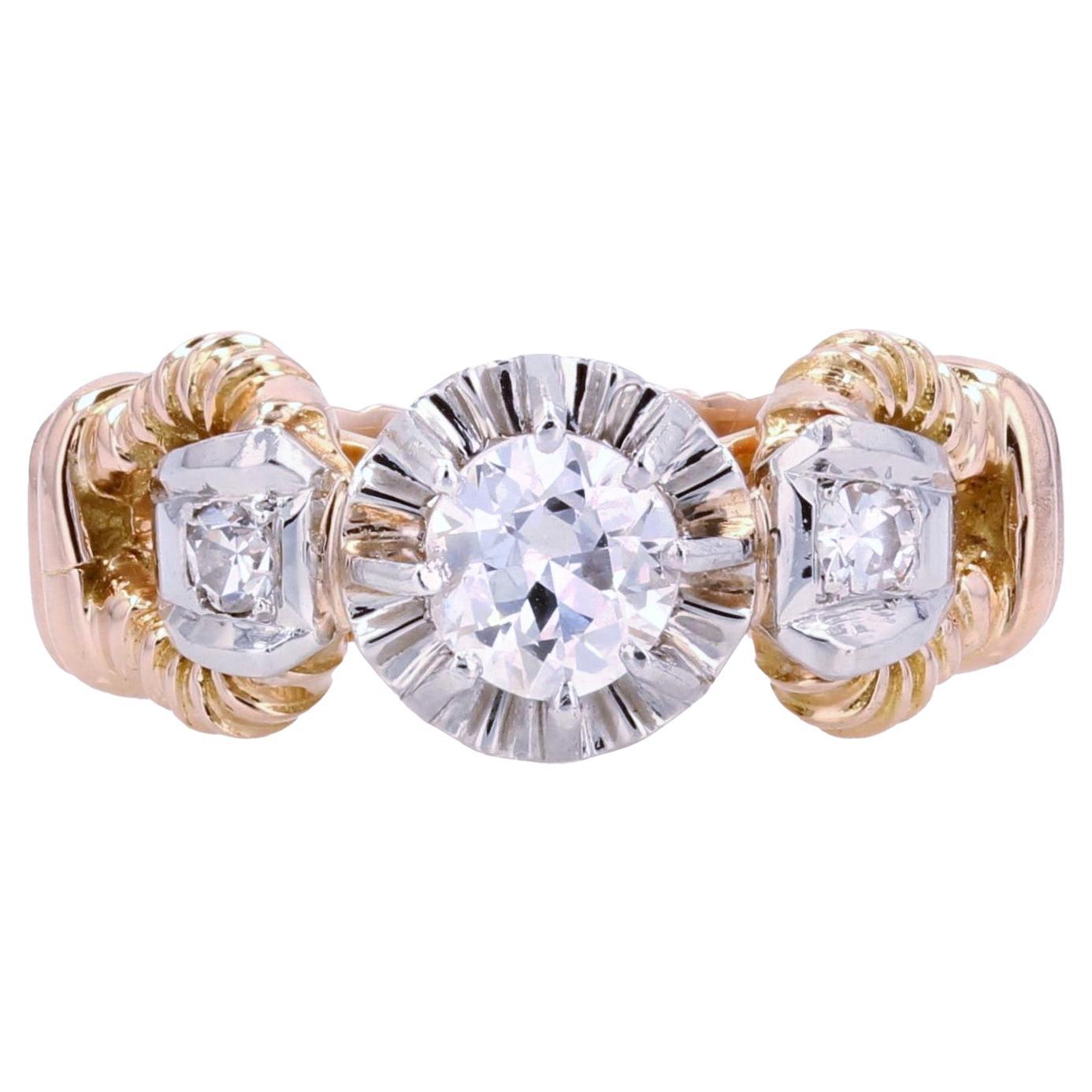 French 1940s Diamond 18 Karat Yellow Gold Platinum Solitaire Ring For Sale