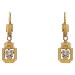 French 1940s Diamond 2 Golds Geometrical Dangle Earrings