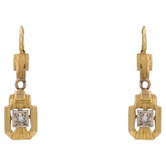 French 1940s Diamond 2 Golds Geometrical Dangle Earrings