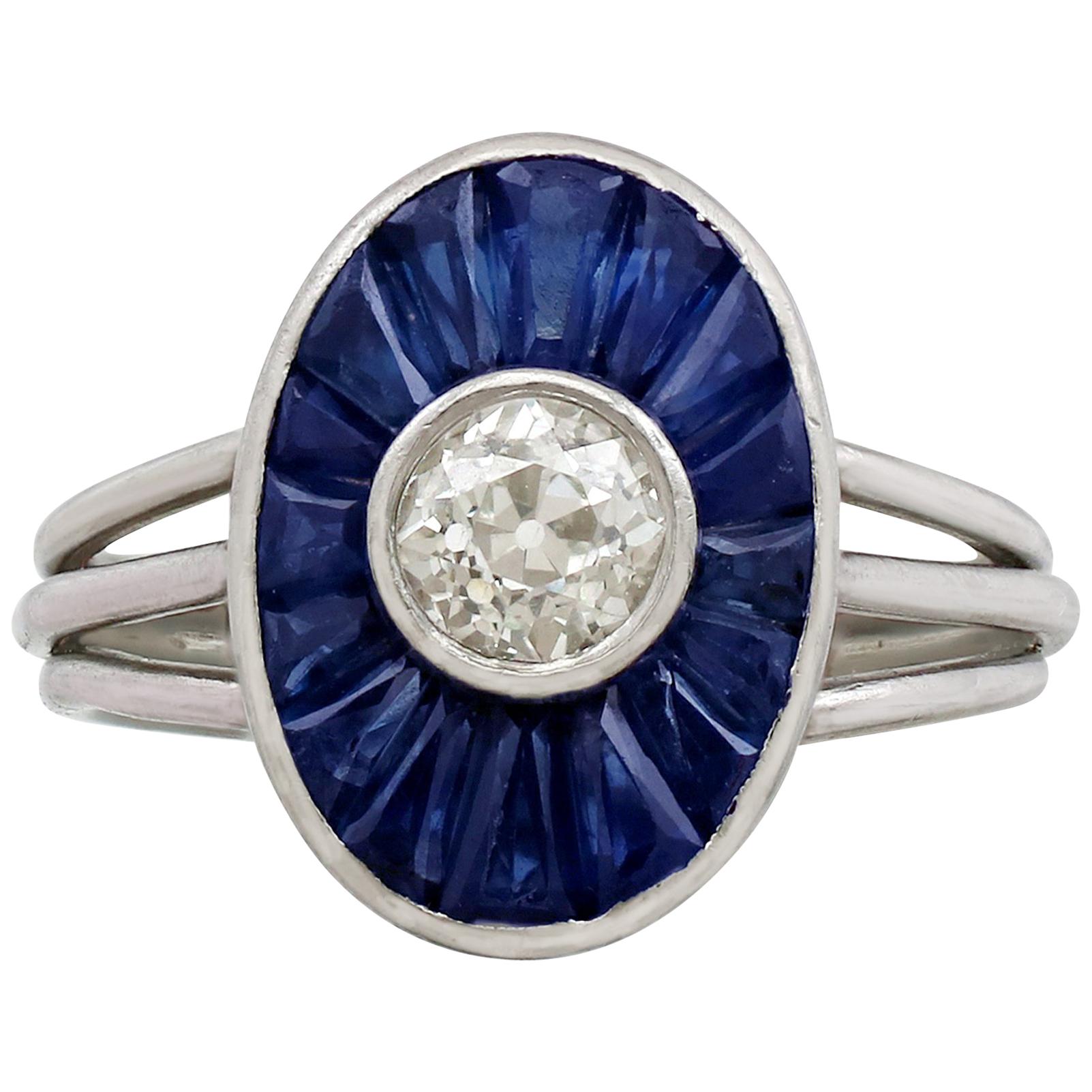 French 1940s Diamond and 1.46 Carat Sapphire Platinum Cocktail Ring