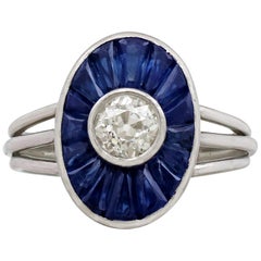 French 1940s Diamond and 1.46 Carat Sapphire Platinum Cocktail Ring