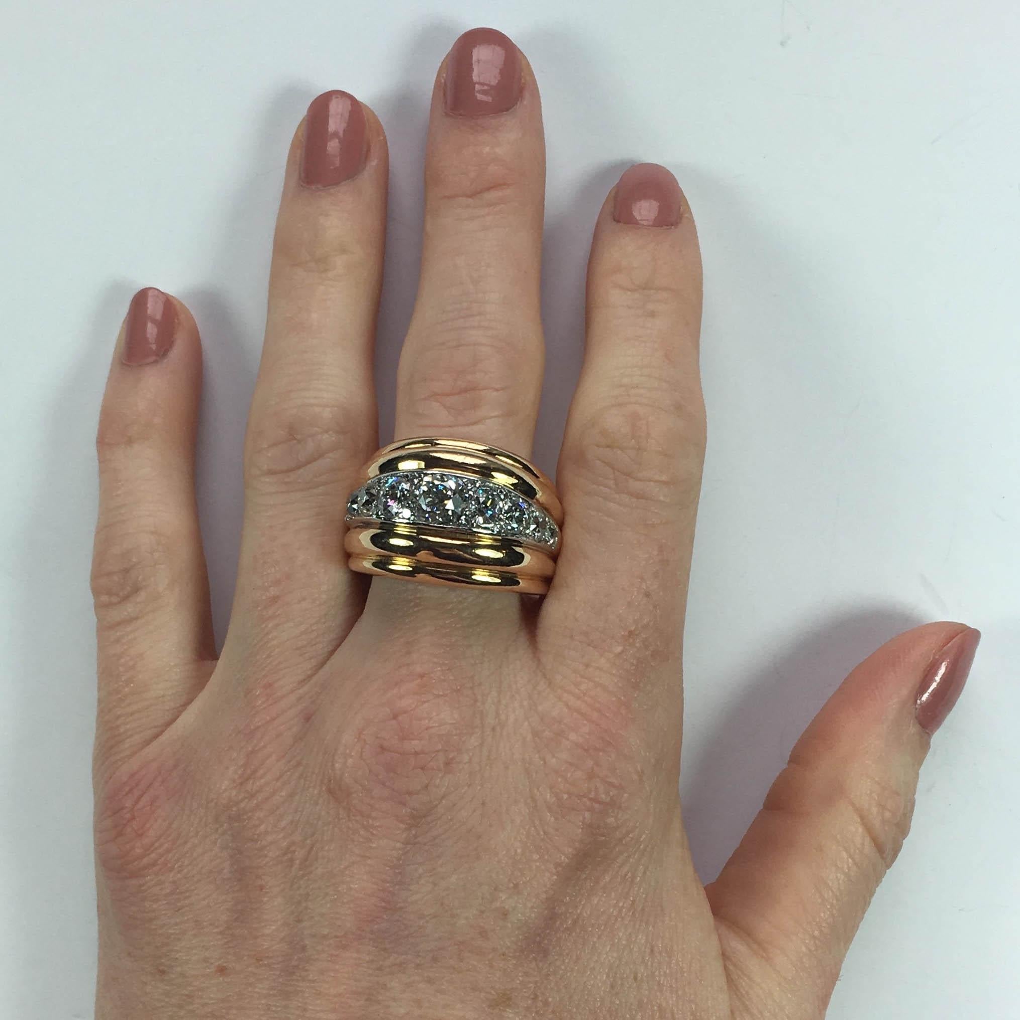 French 1940s Diamond Gold Platinum Ridged Dome Ring For Sale 5