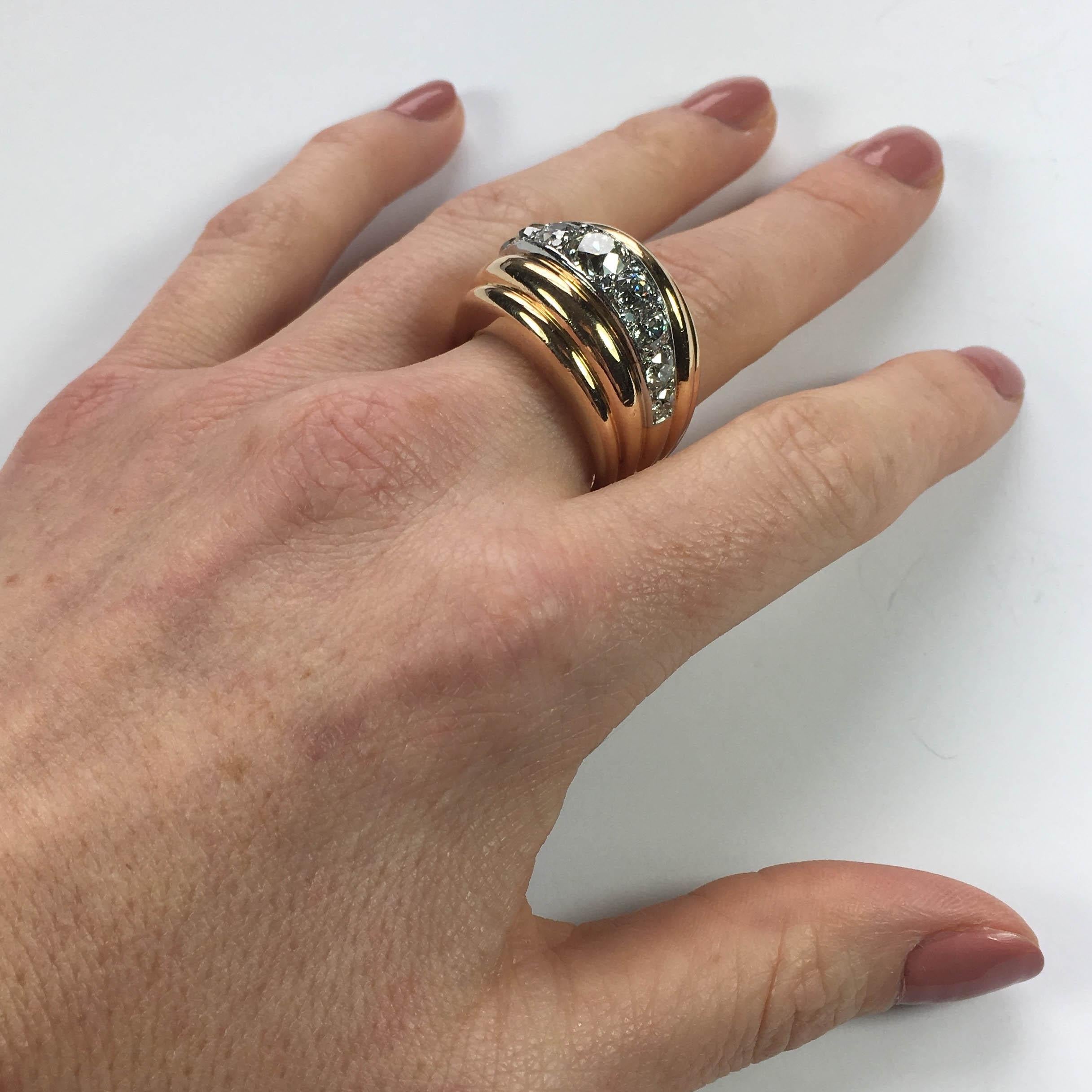 French 1940s Diamond Gold Platinum Ridged Dome Ring For Sale 6