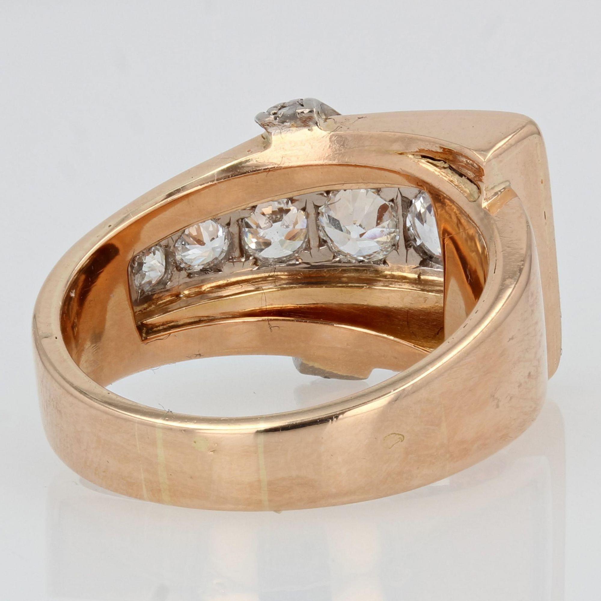 French 1940s Diamonds 18 Karat Rose Gold Asymetrical Tank Ring For Sale 3