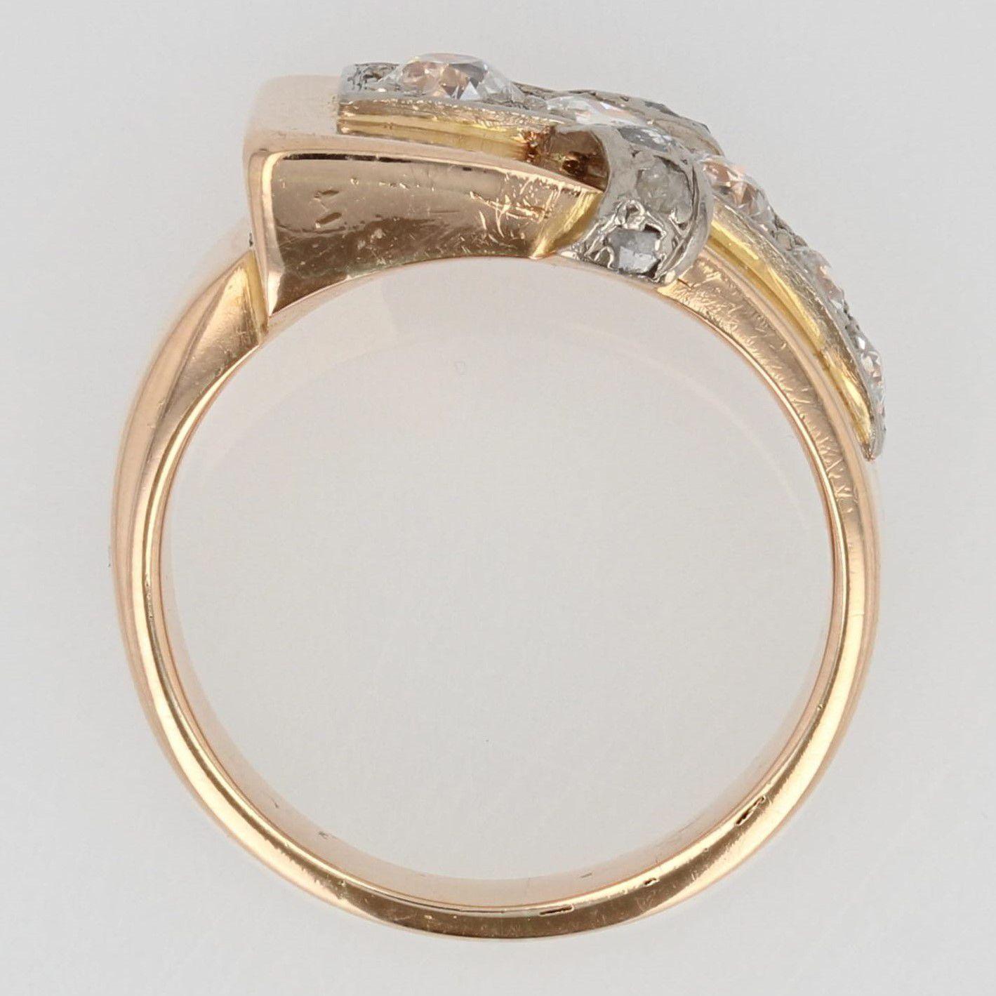 French 1940s Diamonds 18 Karat Rose Gold Asymetrical Tank Ring For Sale 4