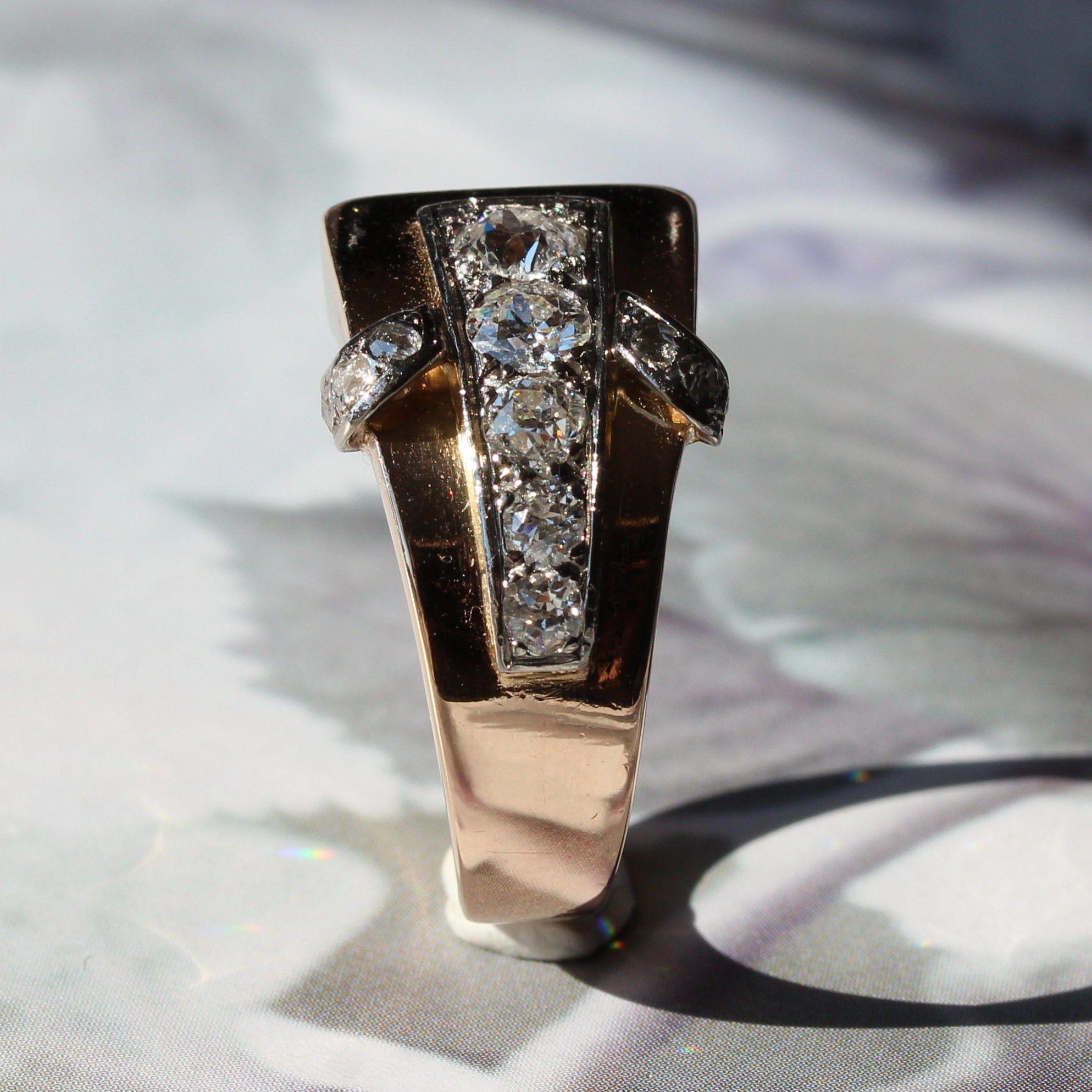 French 1940s Diamonds 18 Karat Rose Gold Asymetrical Tank Ring For Sale 6