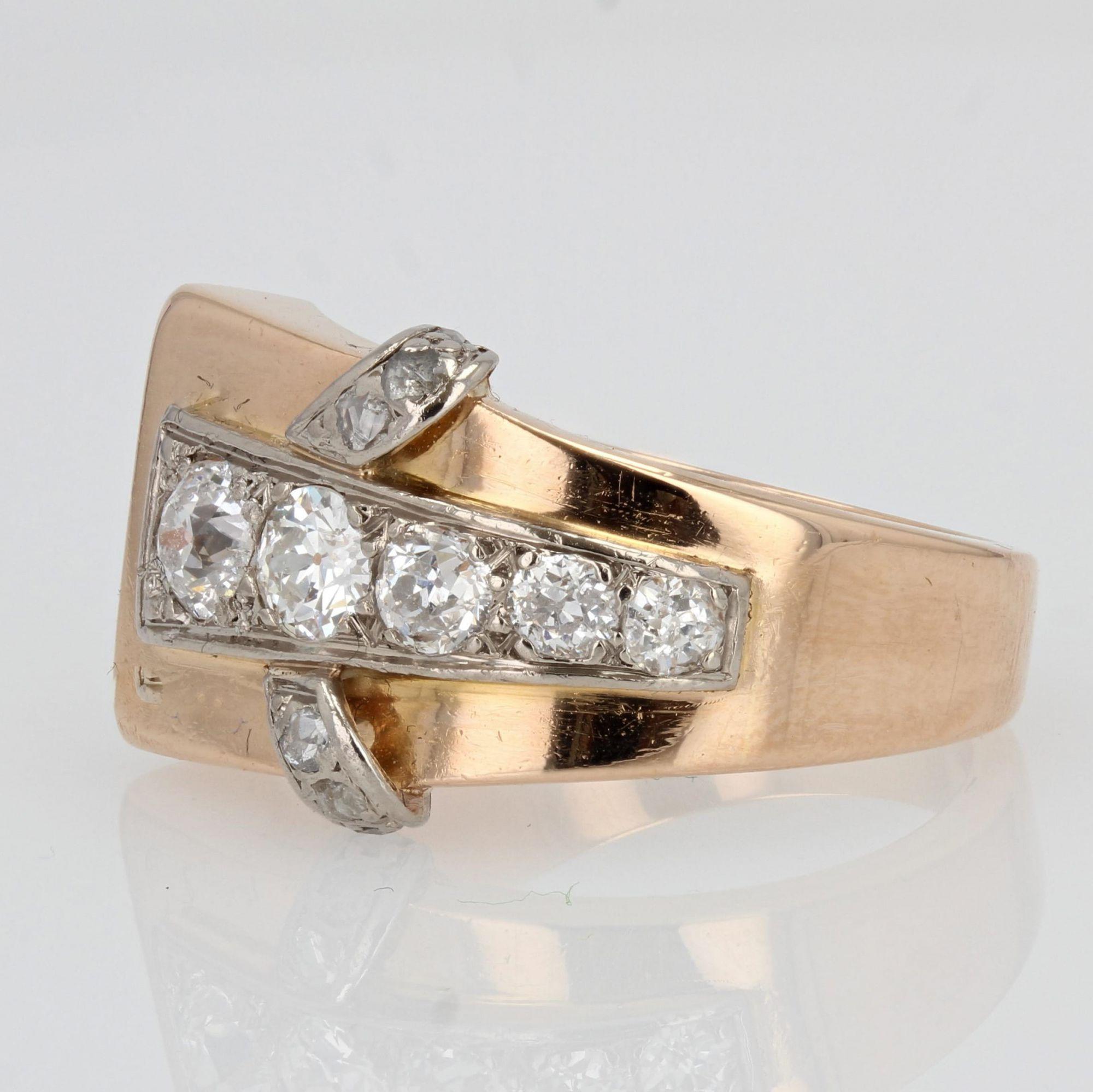 Brilliant Cut French 1940s Diamonds 18 Karat Rose Gold Asymetrical Tank Ring For Sale