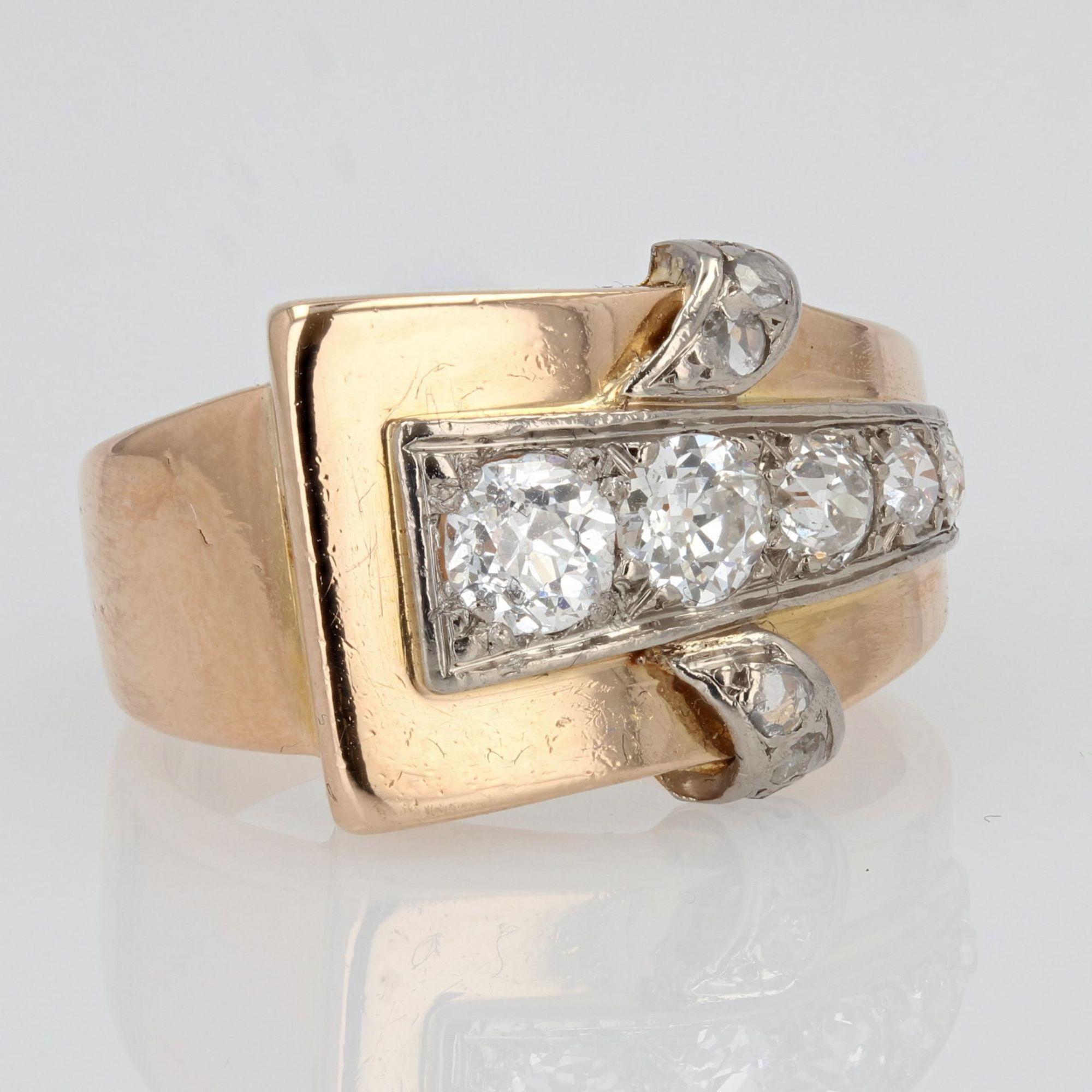 French 1940s Diamonds 18 Karat Rose Gold Asymetrical Tank Ring For Sale 1