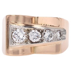 French 1940s Diamonds 18 Karat Rose Gold Asymetrical Tank Signet Ring