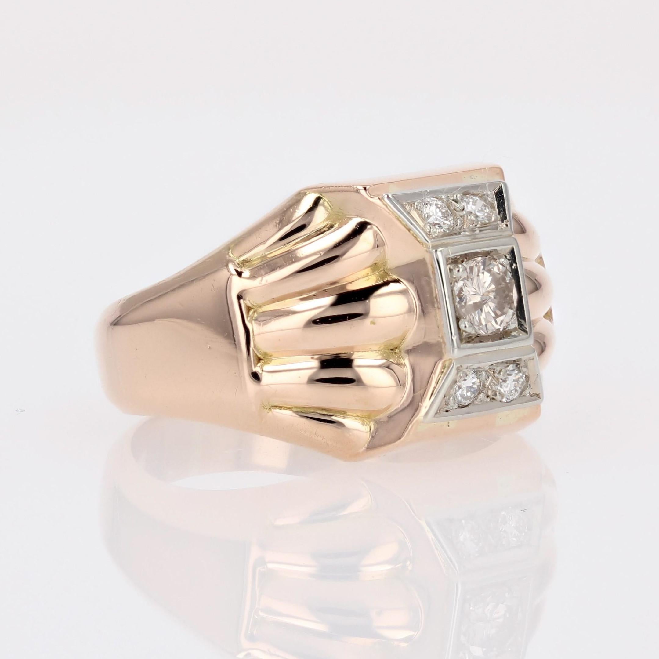French 1940s Diamonds 18 Karat Rose Gold Domed Tank Ring For Sale 5