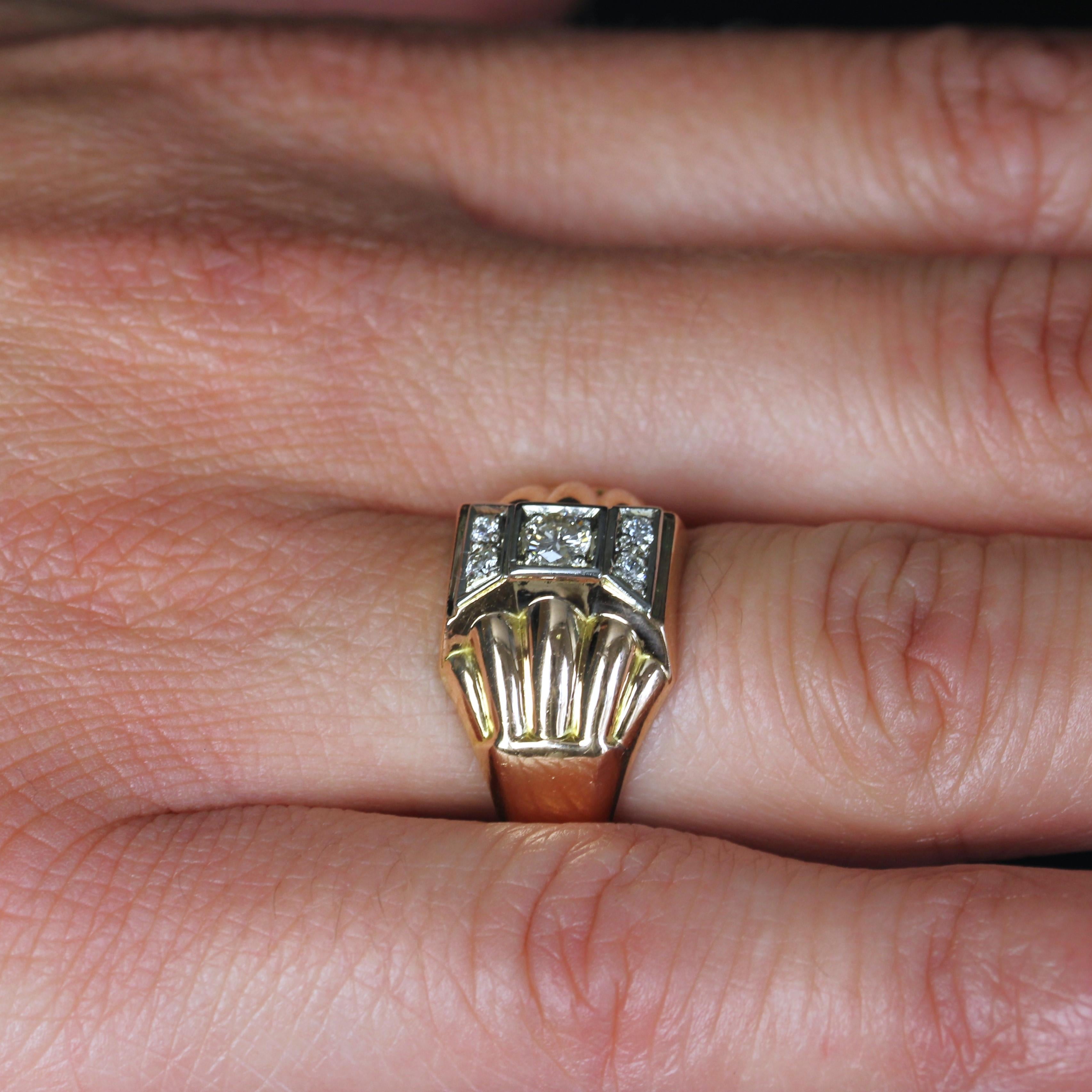 French 1940s Diamonds 18 Karat Rose Gold Domed Tank Ring For Sale 6
