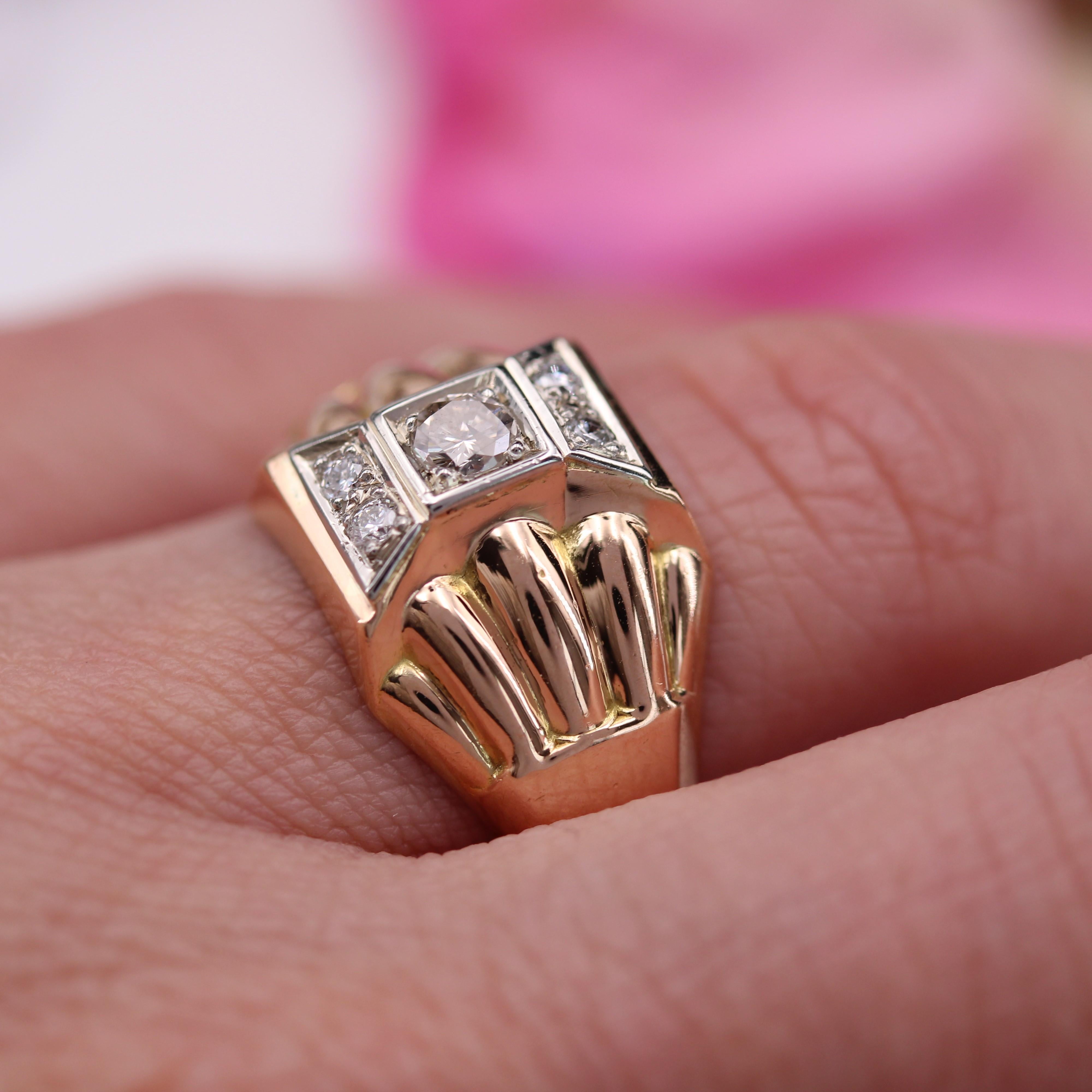 French 1940s Diamonds 18 Karat Rose Gold Domed Tank Ring For Sale 9