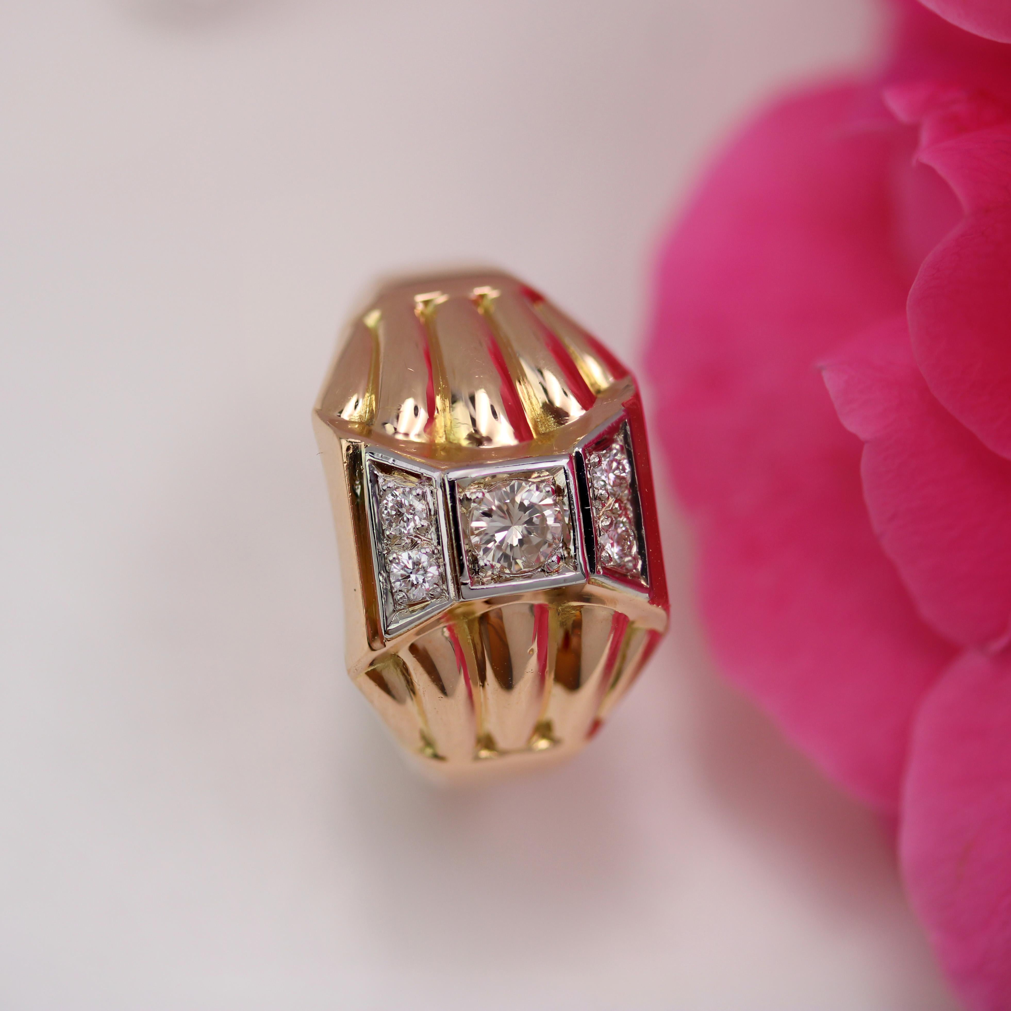 Retro French 1940s Diamonds 18 Karat Rose Gold Domed Tank Ring For Sale