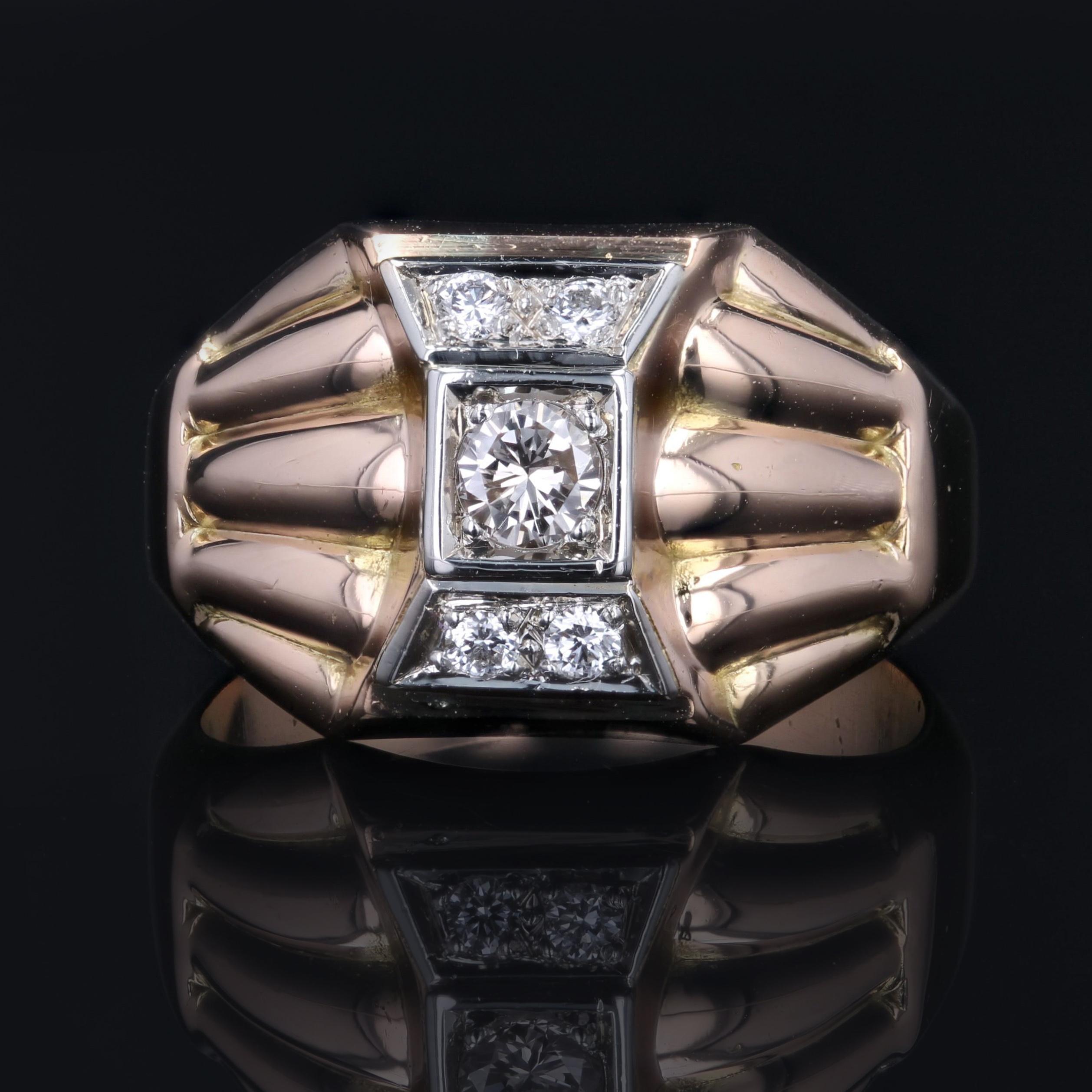 French 1940s Diamonds 18 Karat Rose Gold Domed Tank Ring In Good Condition For Sale In Poitiers, FR