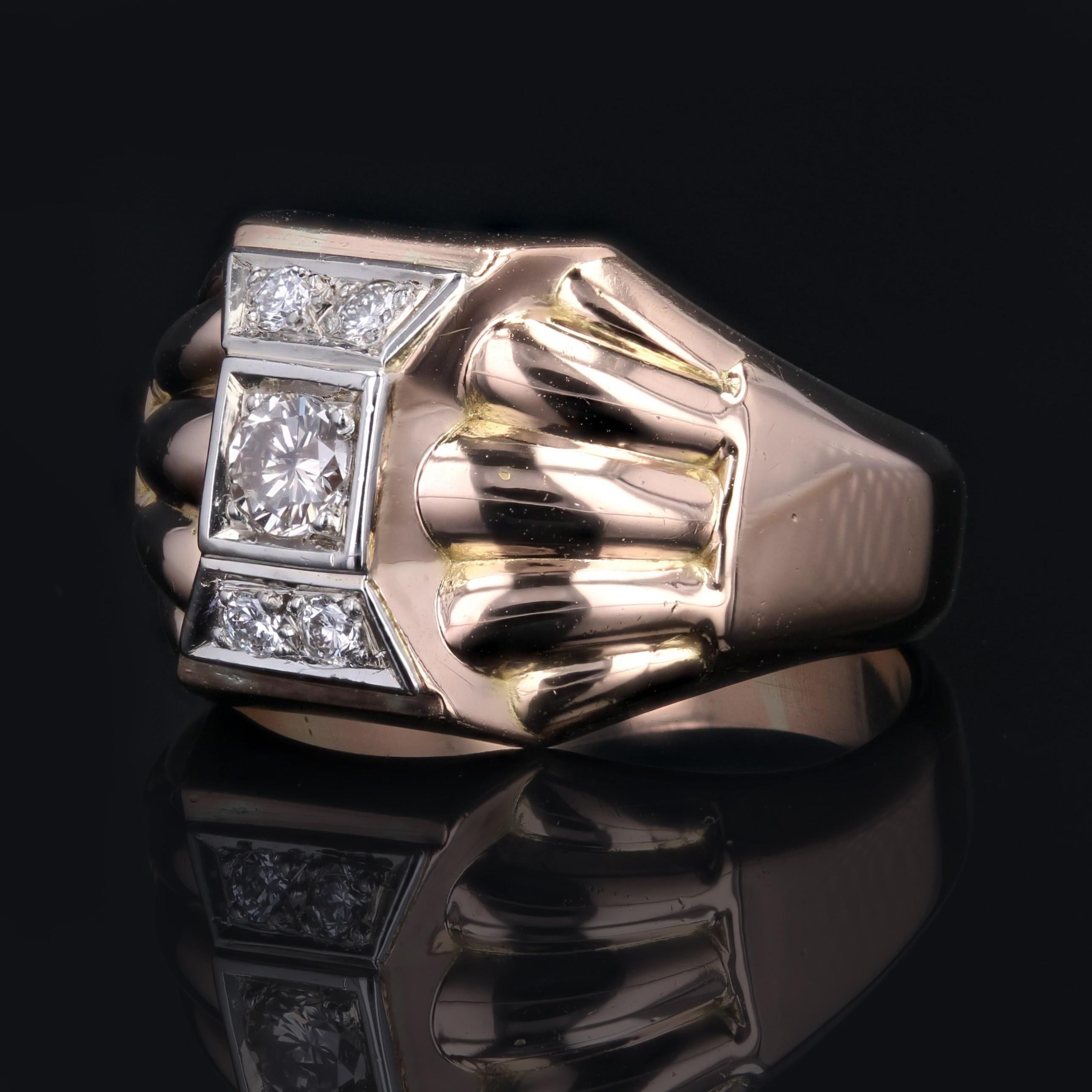 French 1940s Diamonds 18 Karat Rose Gold Domed Tank Ring For Sale 1