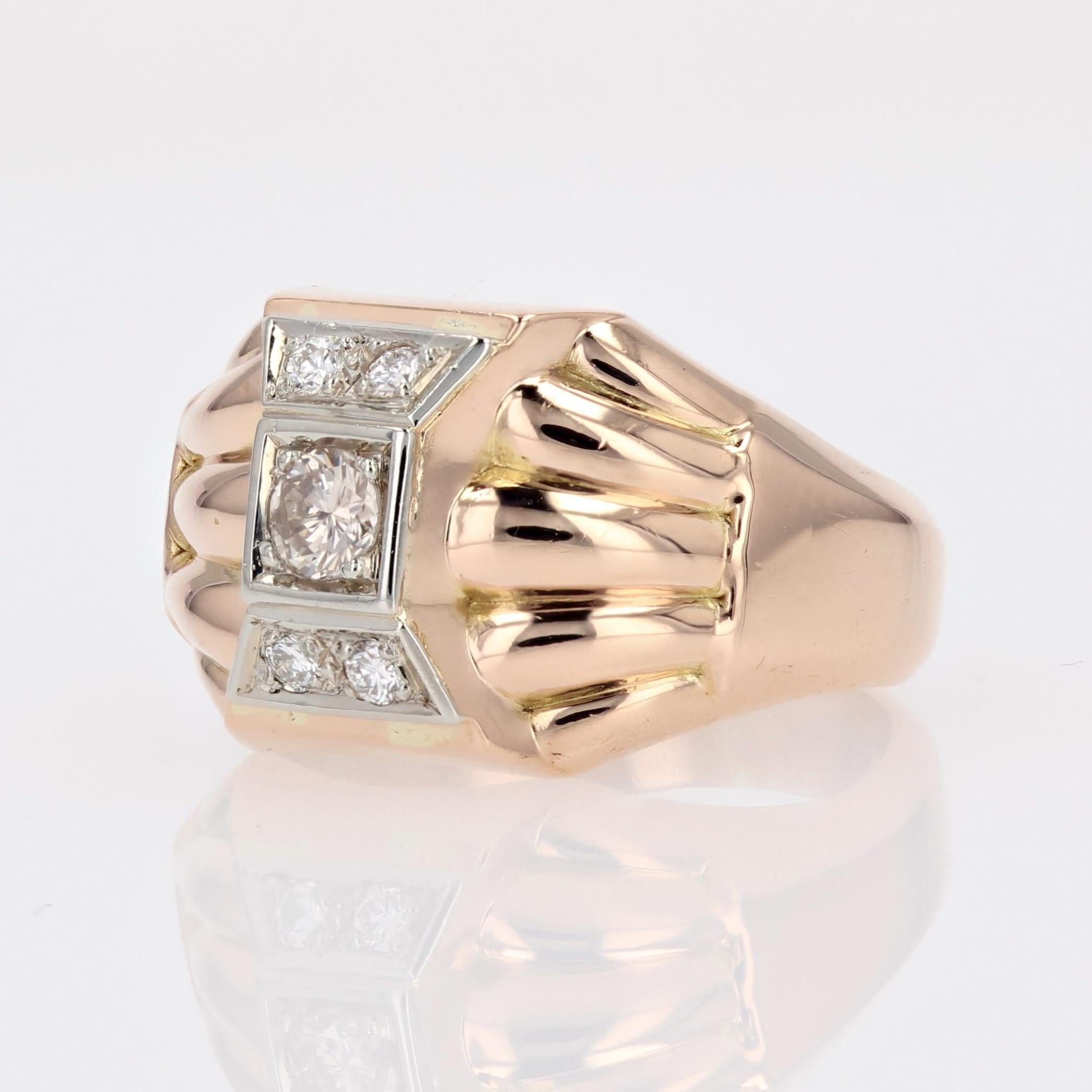 French 1940s Diamonds 18 Karat Rose Gold Domed Tank Ring For Sale 2