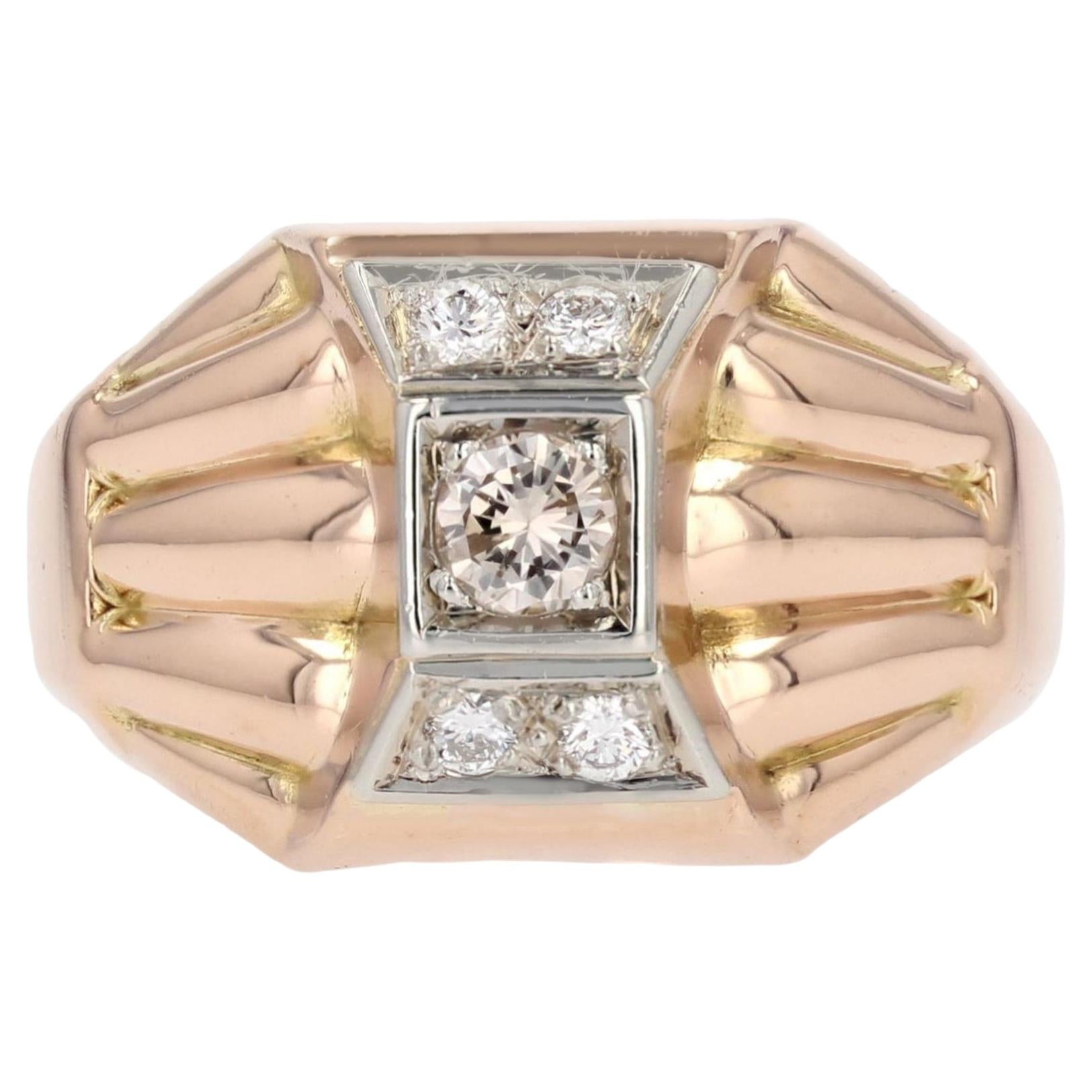 Bague débardeur française des années 1940 en or rose 18 carats avec diamants