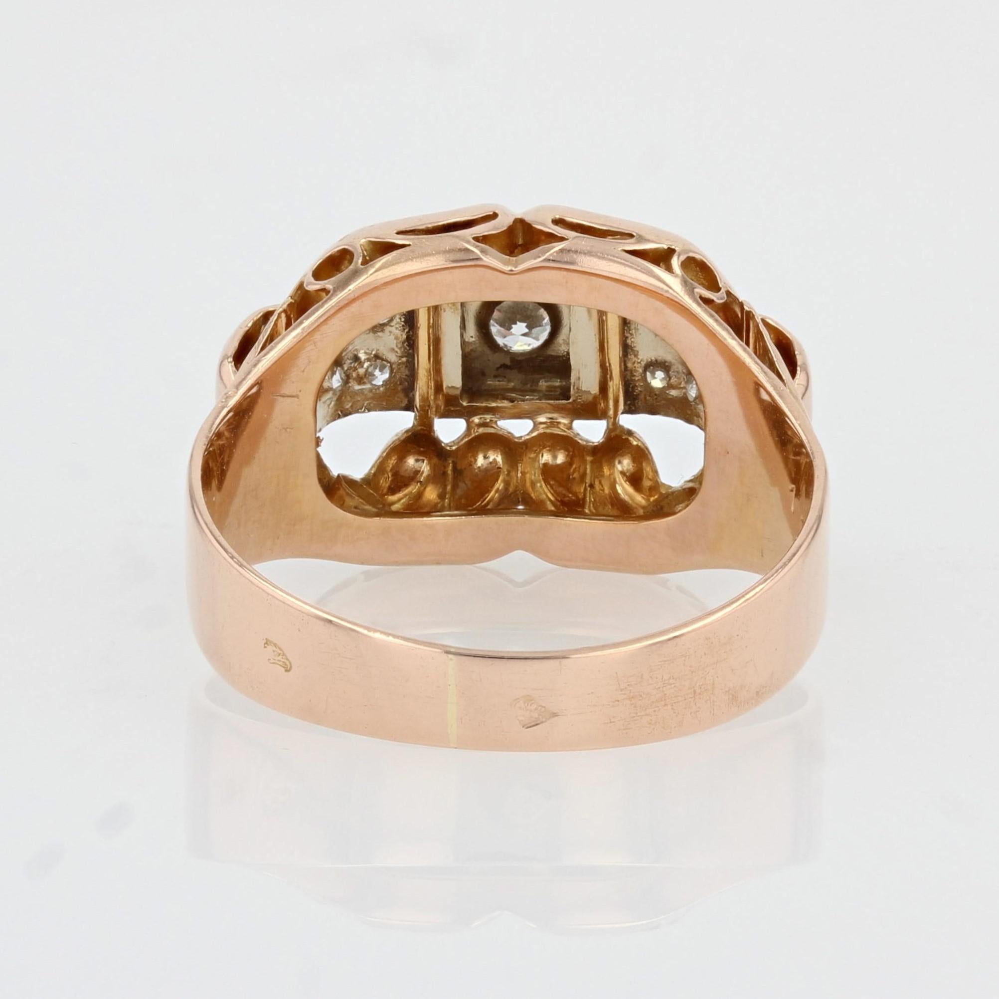 French 1940s Diamonds 18 Karat Rose Gold Platinum Ring For Sale 4
