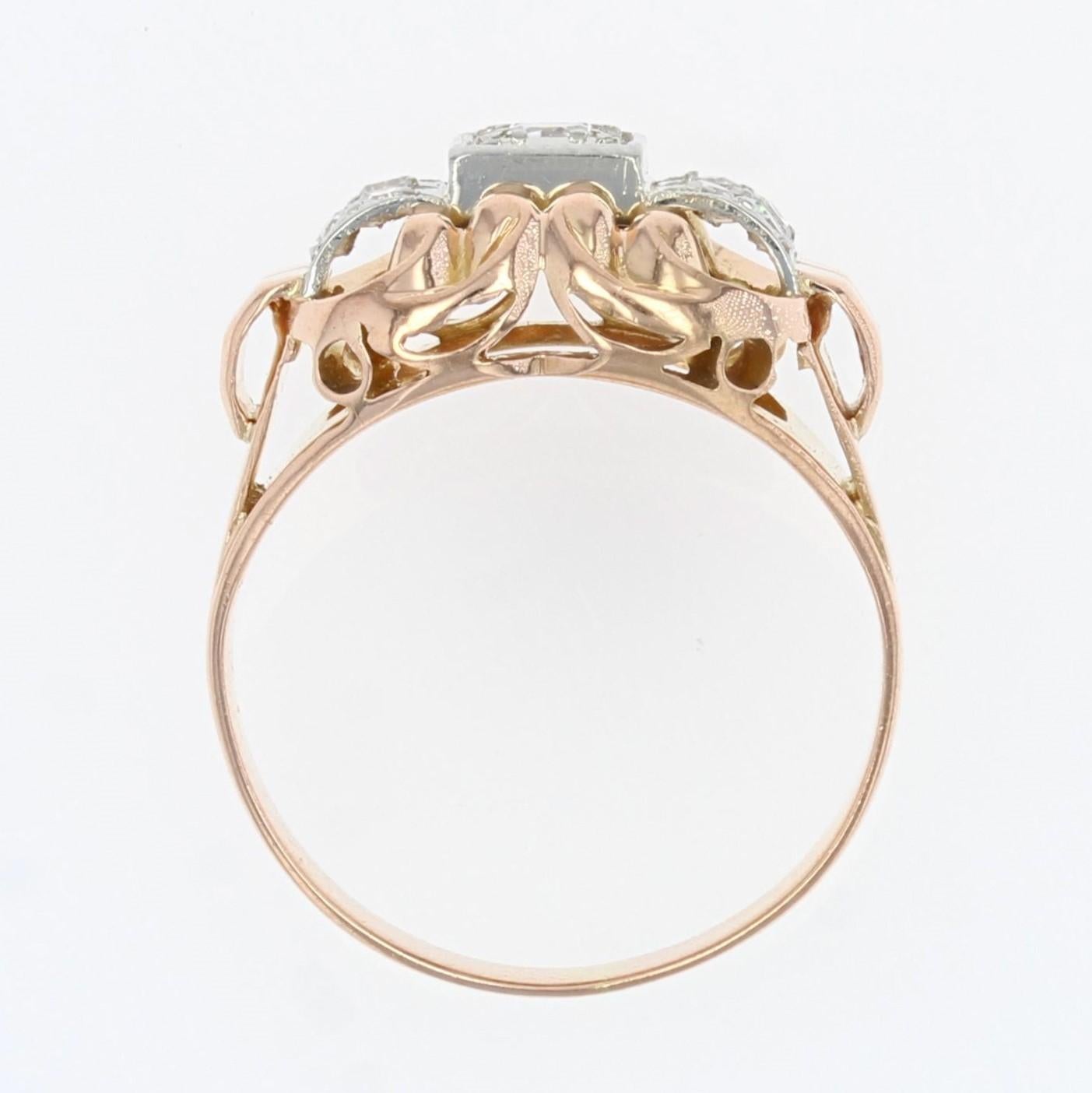 French 1940s Diamonds 18 Karat Rose Gold Platinum Ring For Sale 5