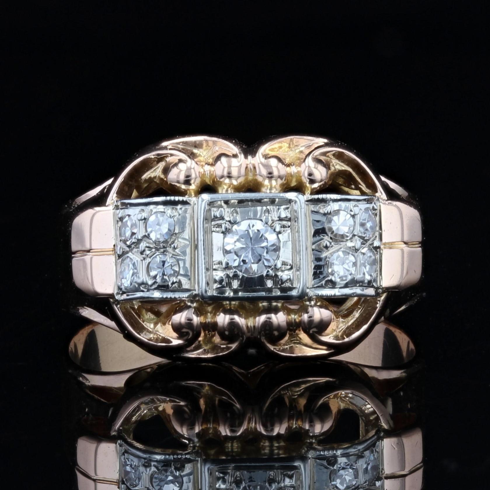 Retro French 1940s Diamonds 18 Karat Rose Gold Platinum Ring For Sale