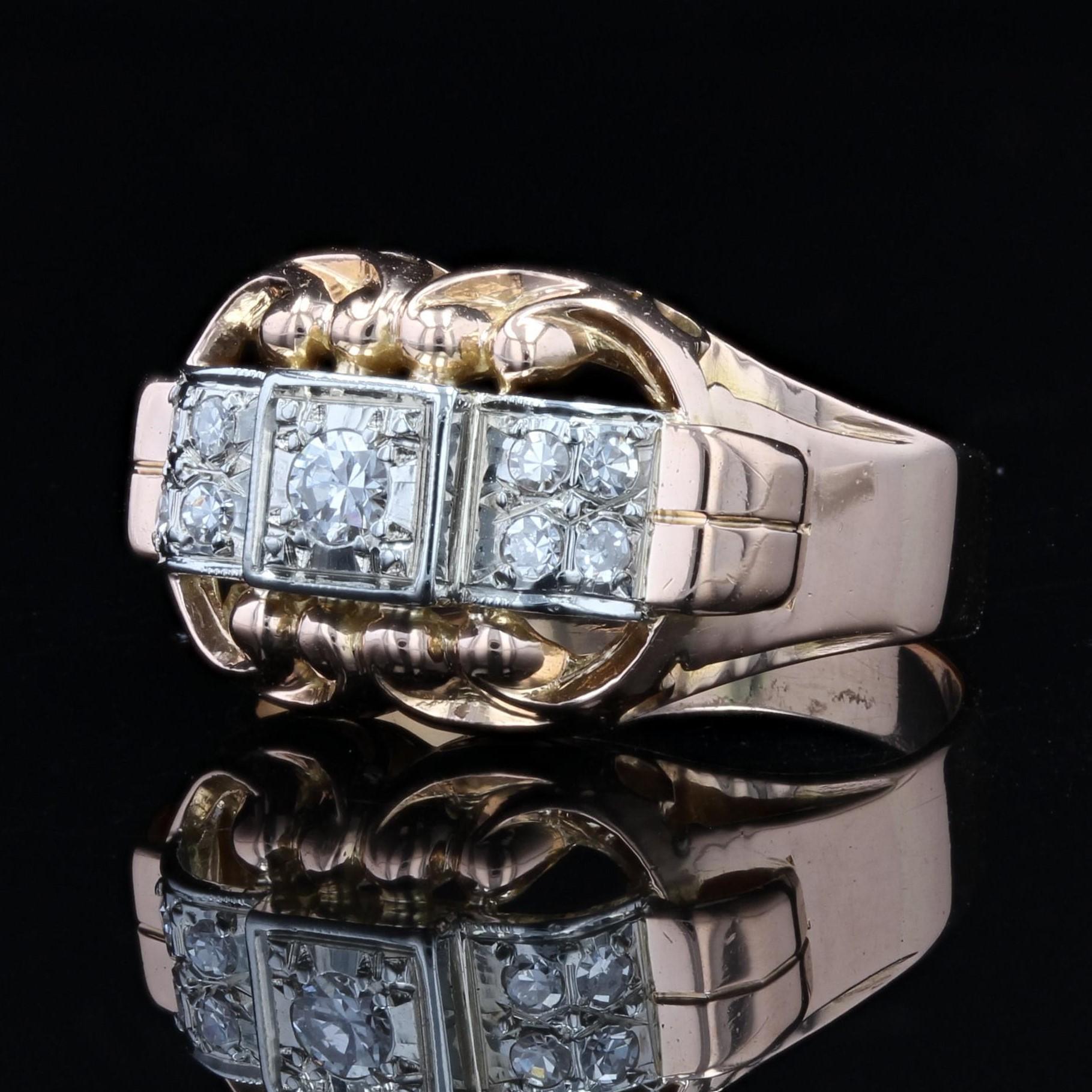 Round Cut French 1940s Diamonds 18 Karat Rose Gold Platinum Ring For Sale
