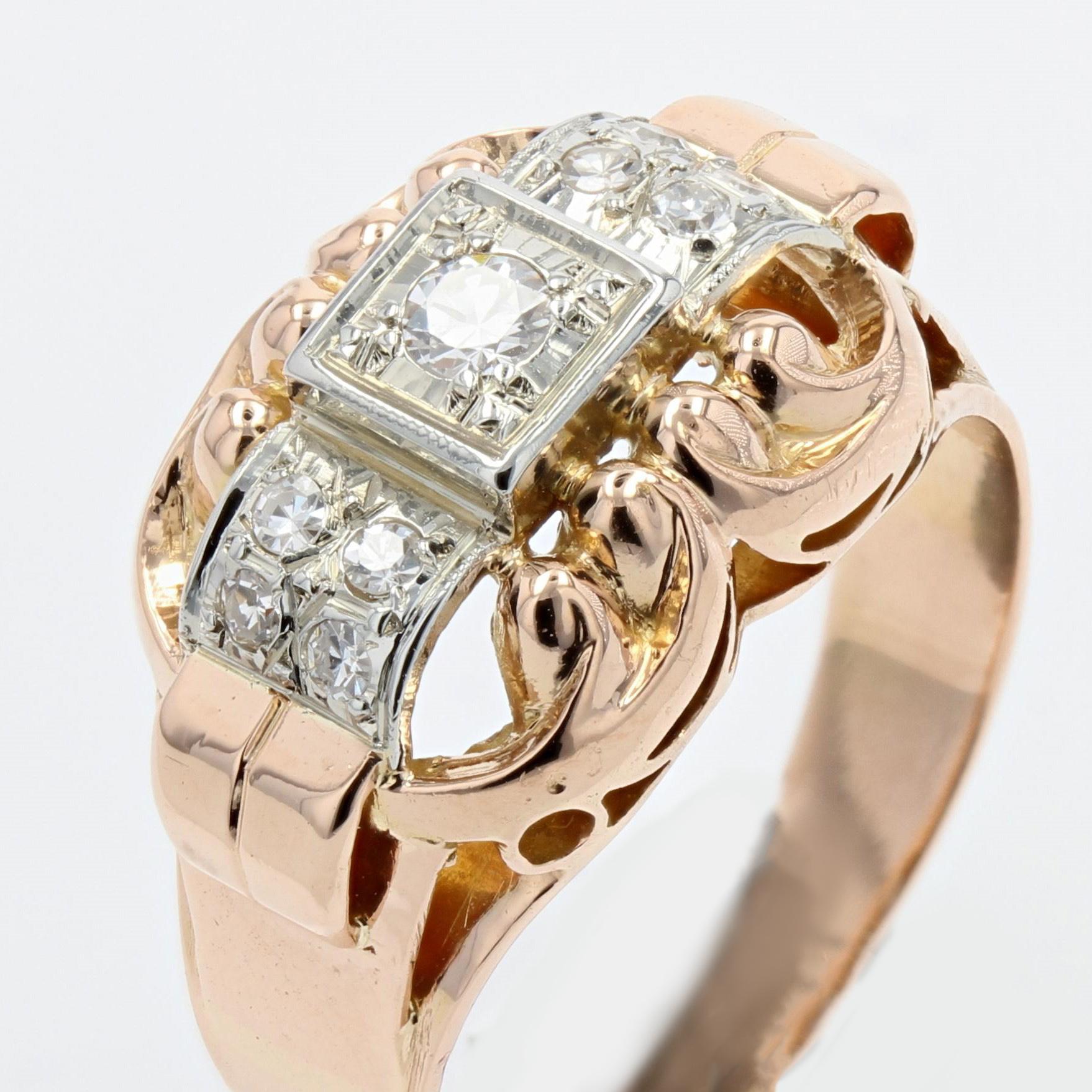 French 1940s Diamonds 18 Karat Rose Gold Platinum Ring For Sale 1