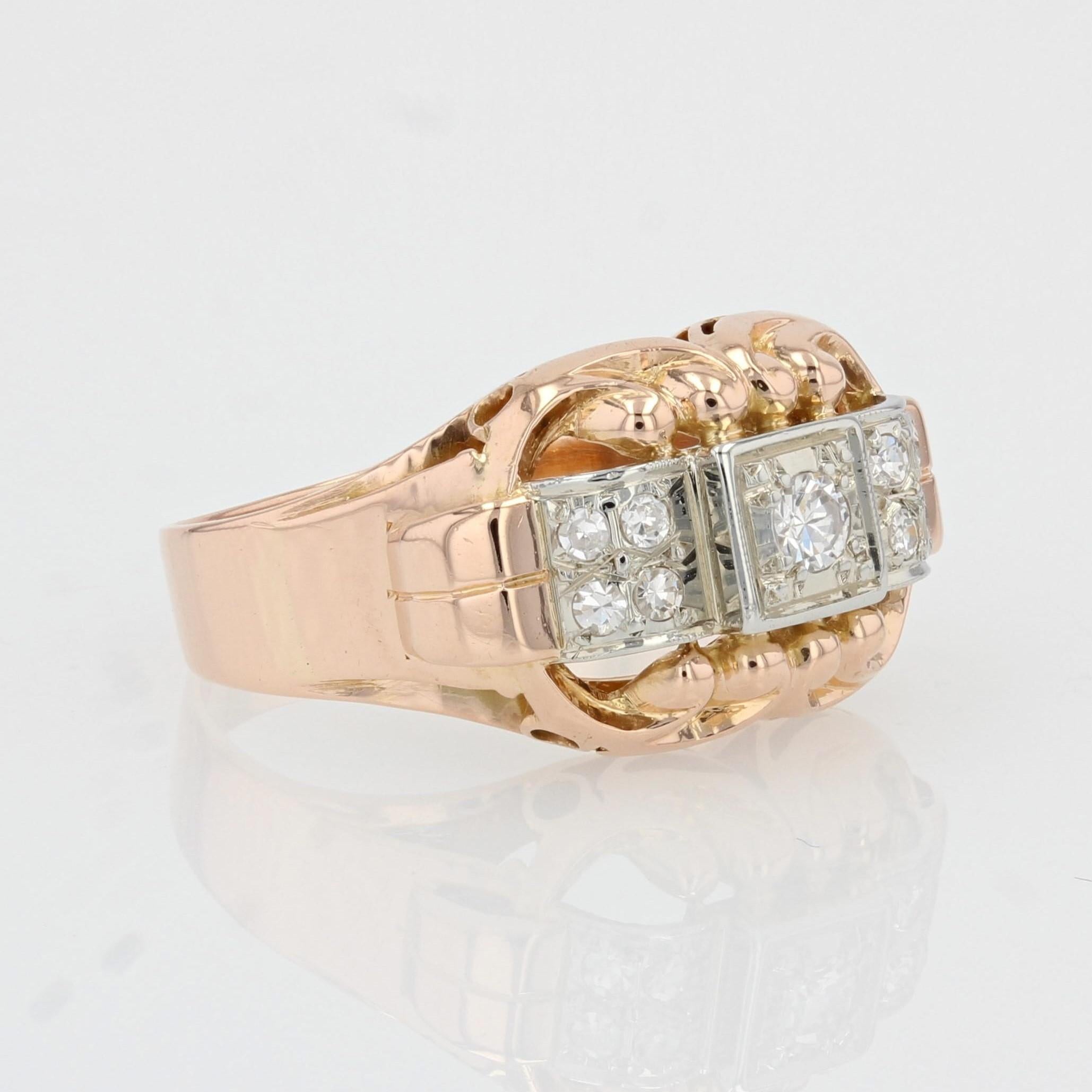 French 1940s Diamonds 18 Karat Rose Gold Platinum Ring For Sale 2