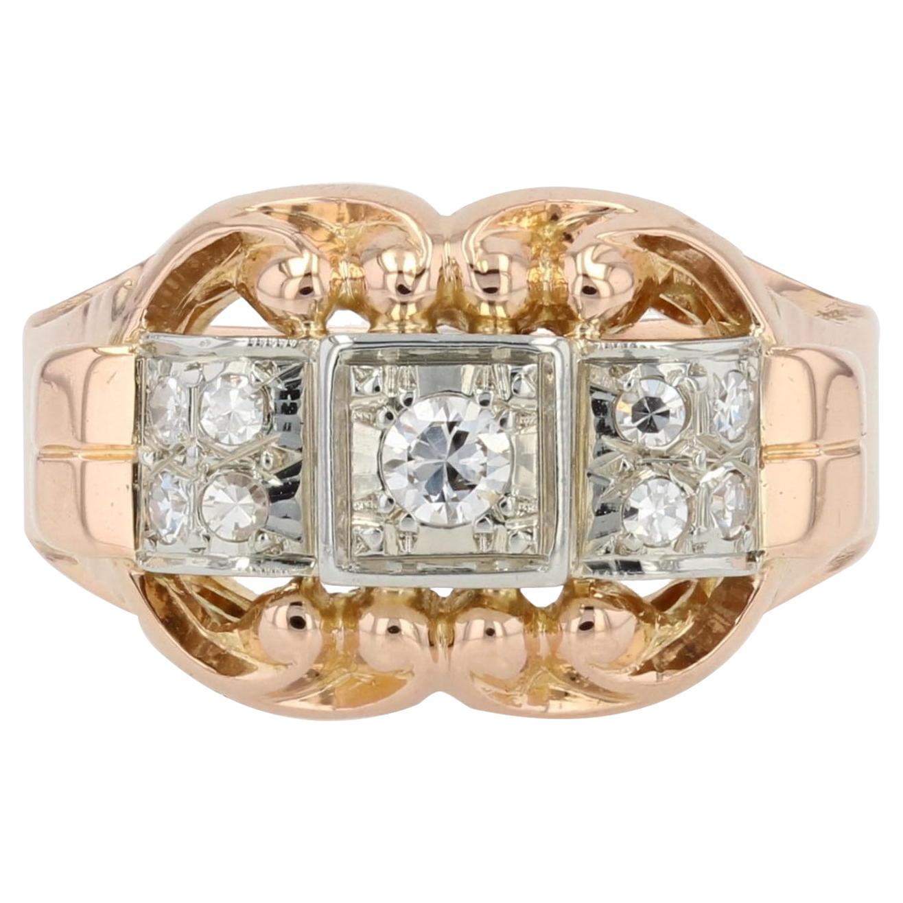 French 1940s Diamonds 18 Karat Rose Gold Platinum Ring For Sale