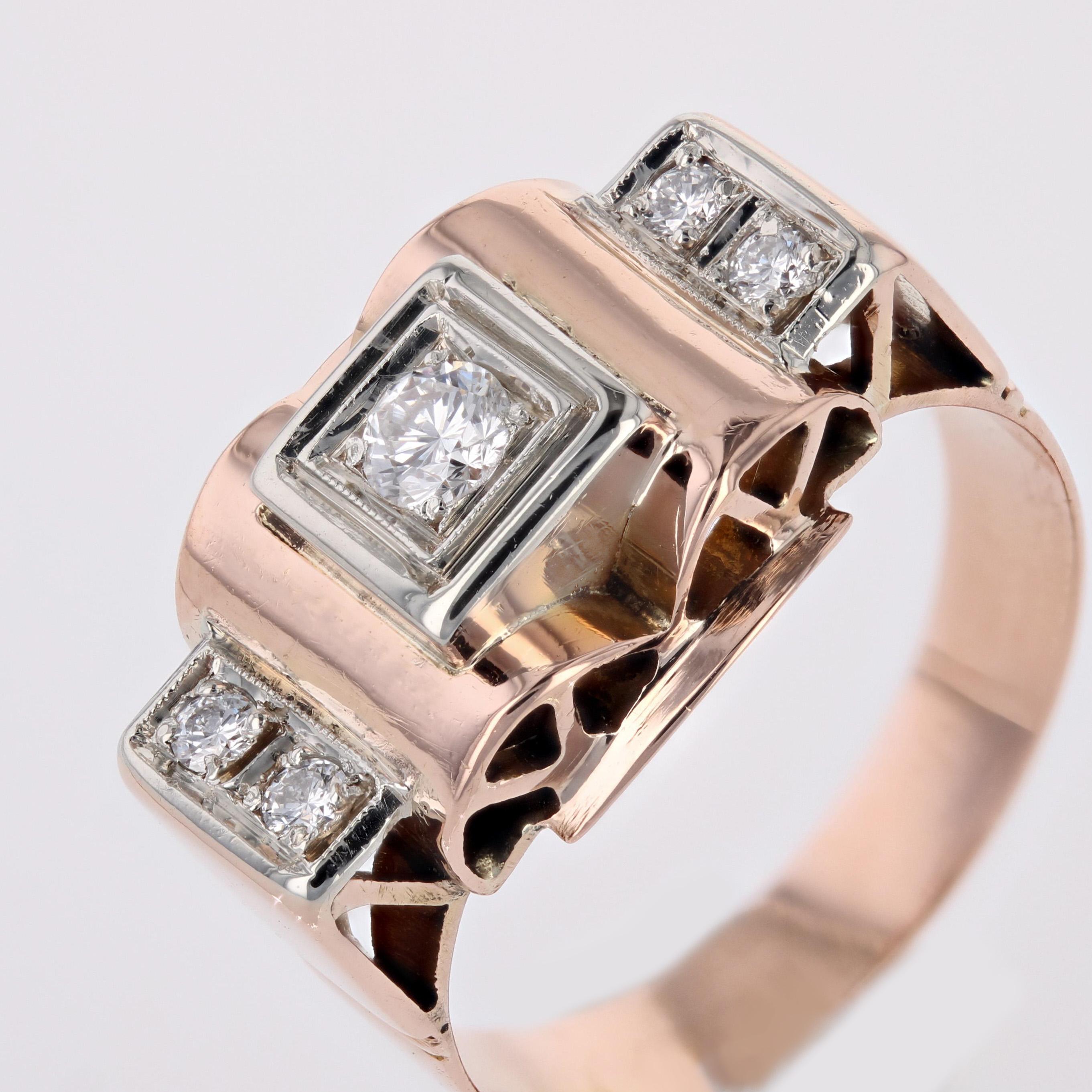 French 1940s Diamonds 18 Karat Rose Gold Tank Ring For Sale 4
