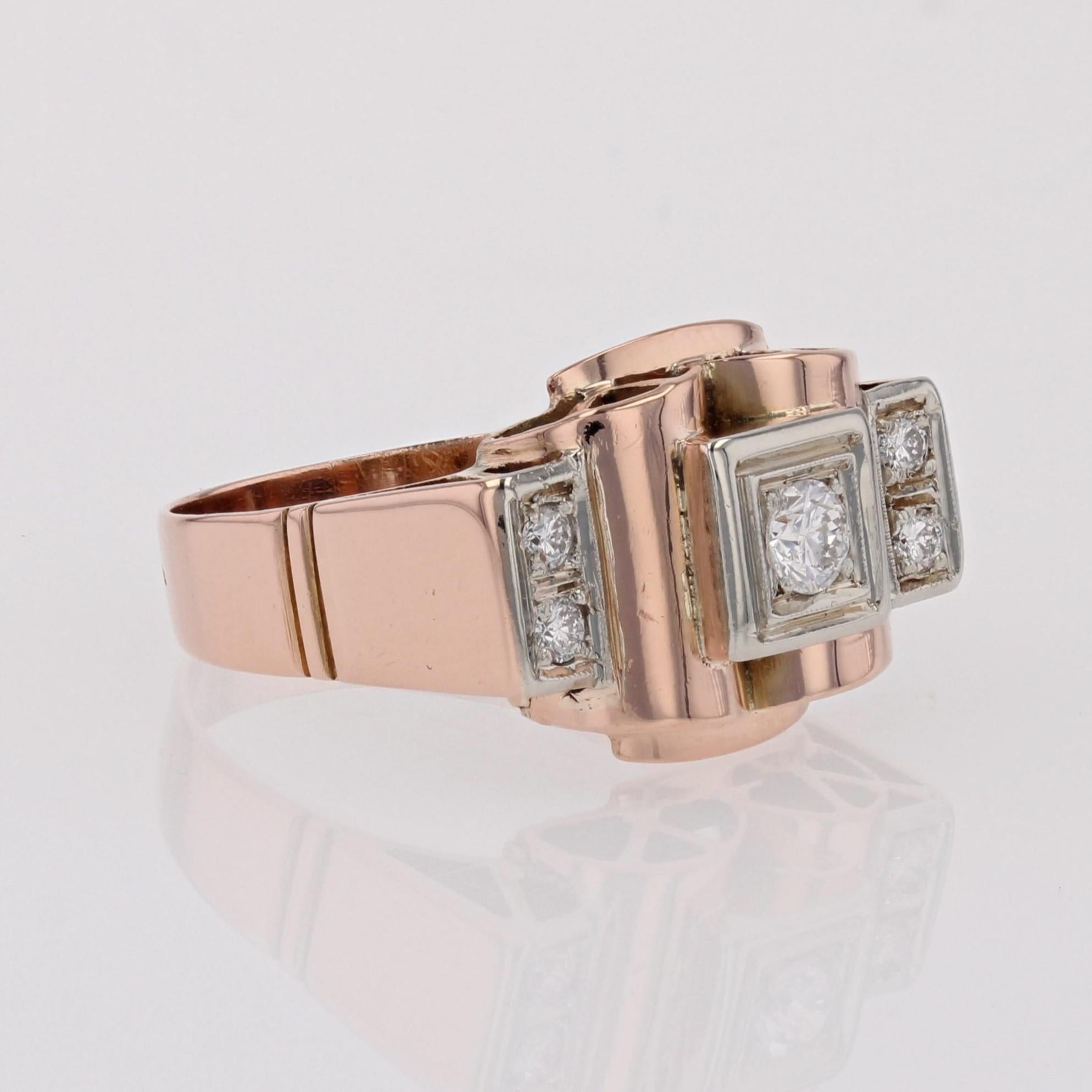 French 1940s Diamonds 18 Karat Rose Gold Tank Ring For Sale 5