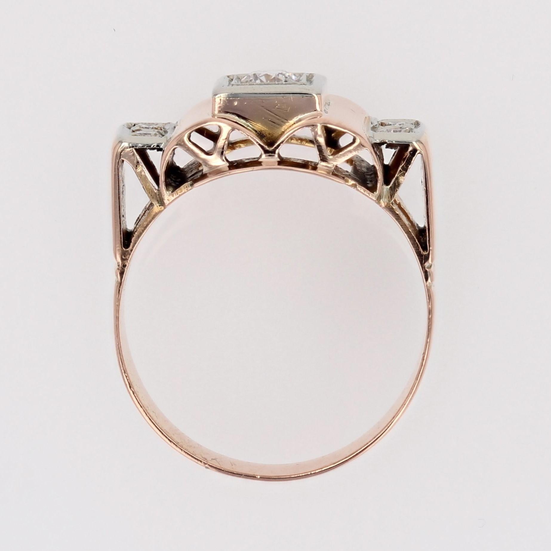 French 1940s Diamonds 18 Karat Rose Gold Tank Ring For Sale 7