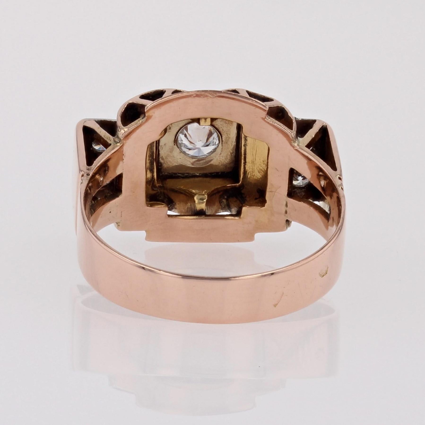 French 1940s Diamonds 18 Karat Rose Gold Tank Ring For Sale 8