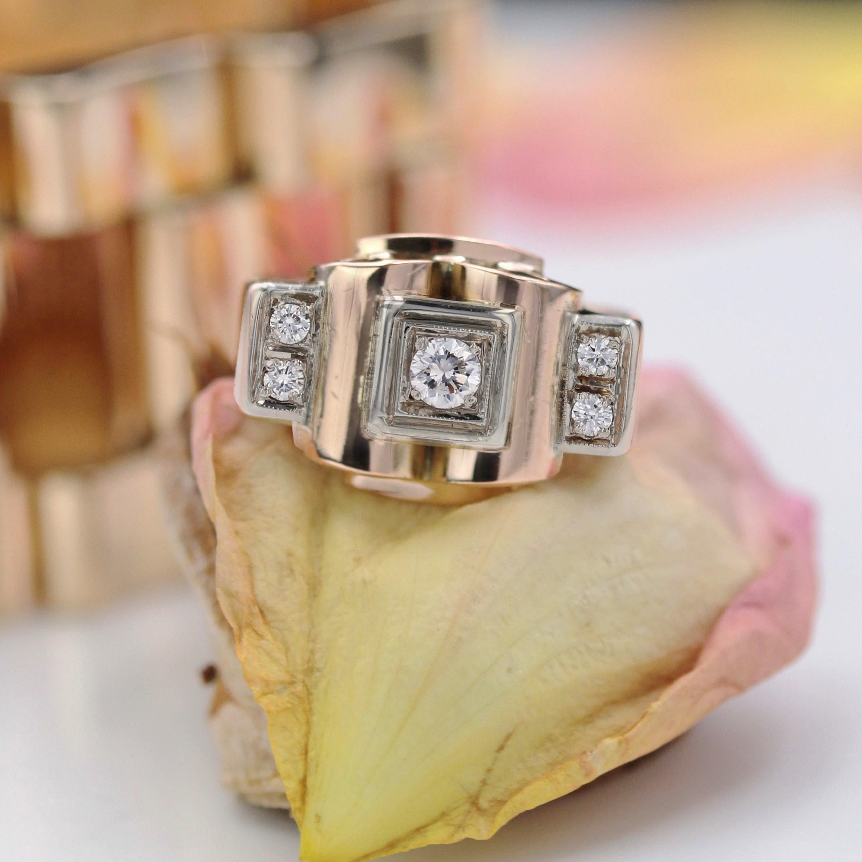 Retro French 1940s Diamonds 18 Karat Rose Gold Tank Ring For Sale