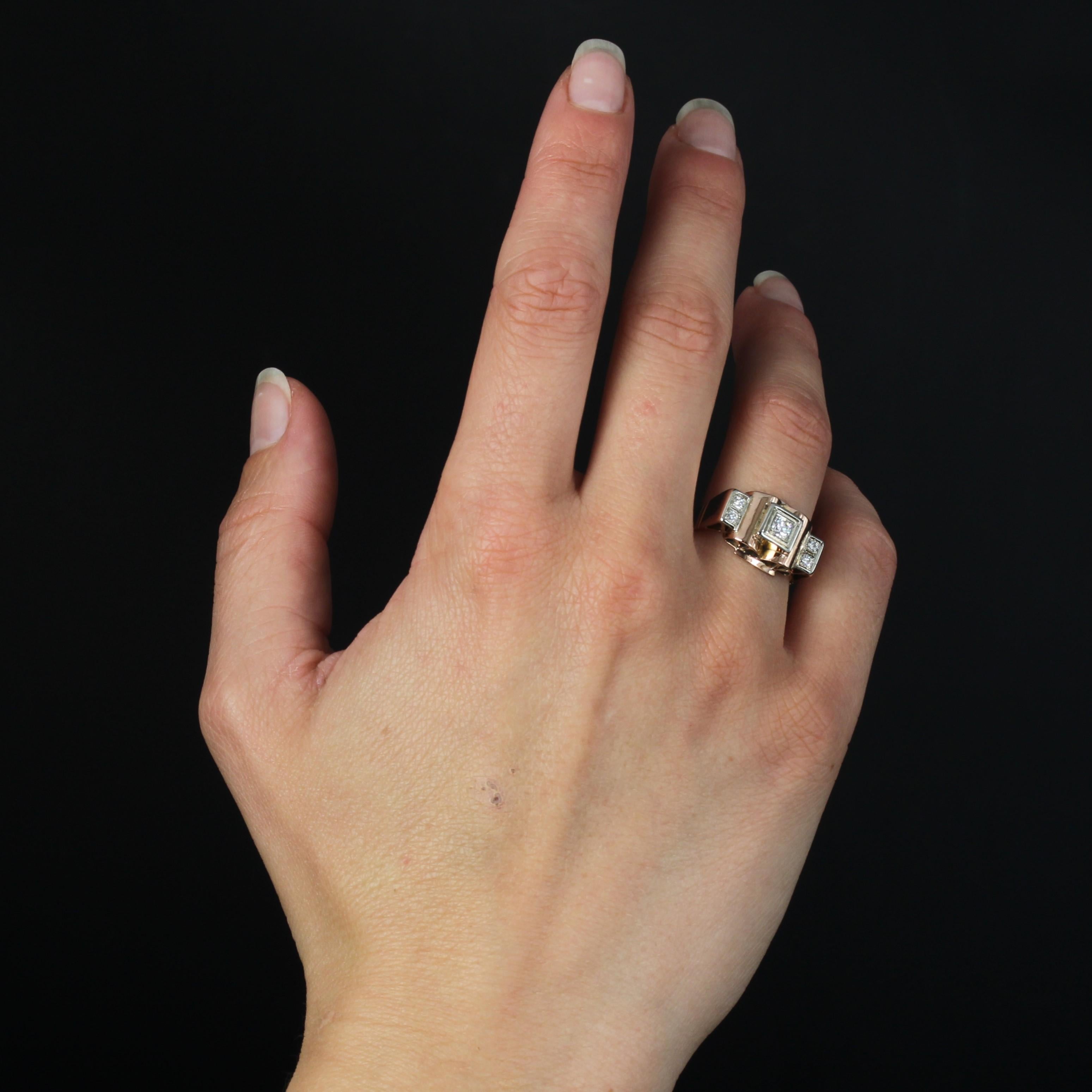 Brilliant Cut French 1940s Diamonds 18 Karat Rose Gold Tank Ring For Sale