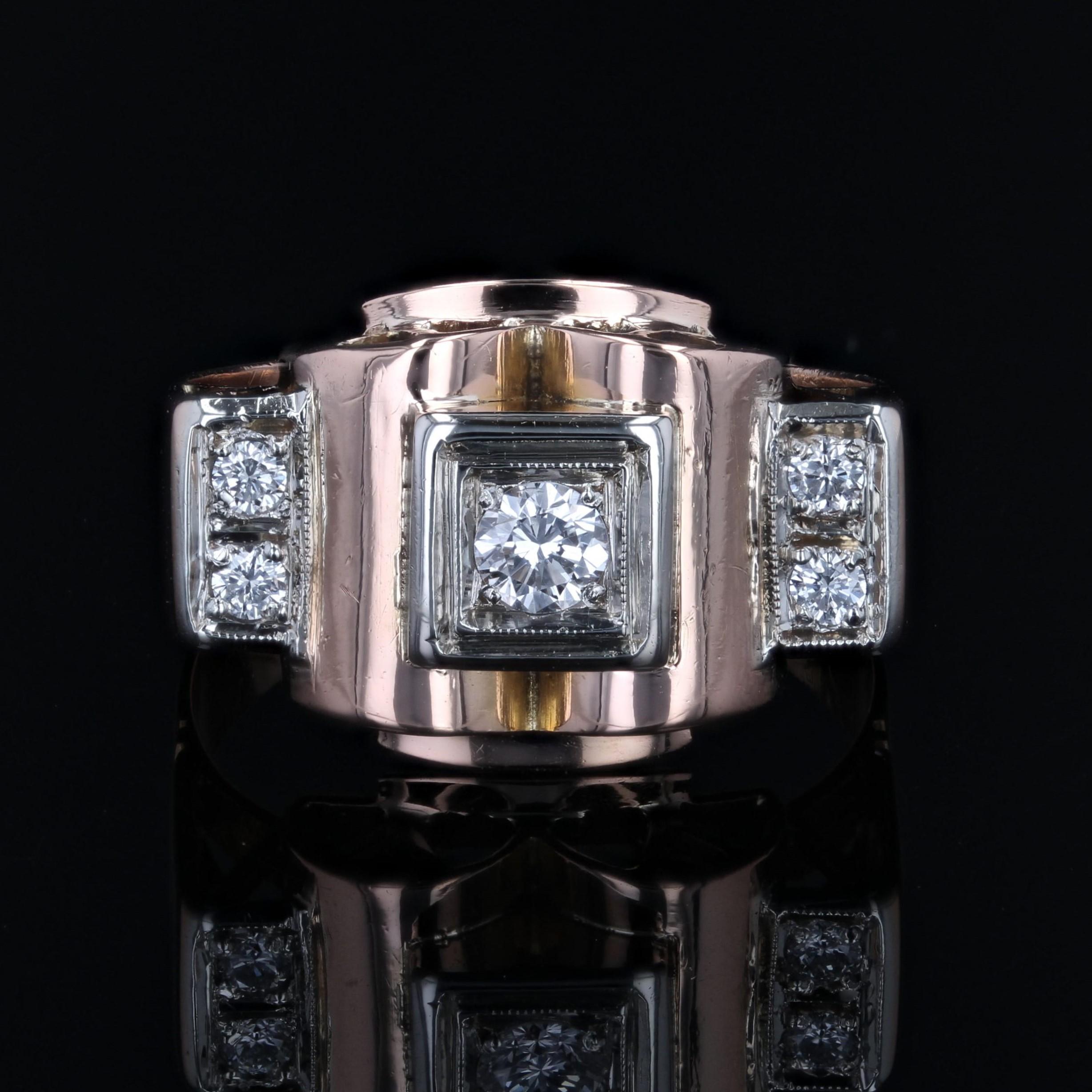 Französisch 1940er Jahre Diamanten 18 Karat Rose Gold Tank Ring im Zustand „Hervorragend“ im Angebot in Poitiers, FR