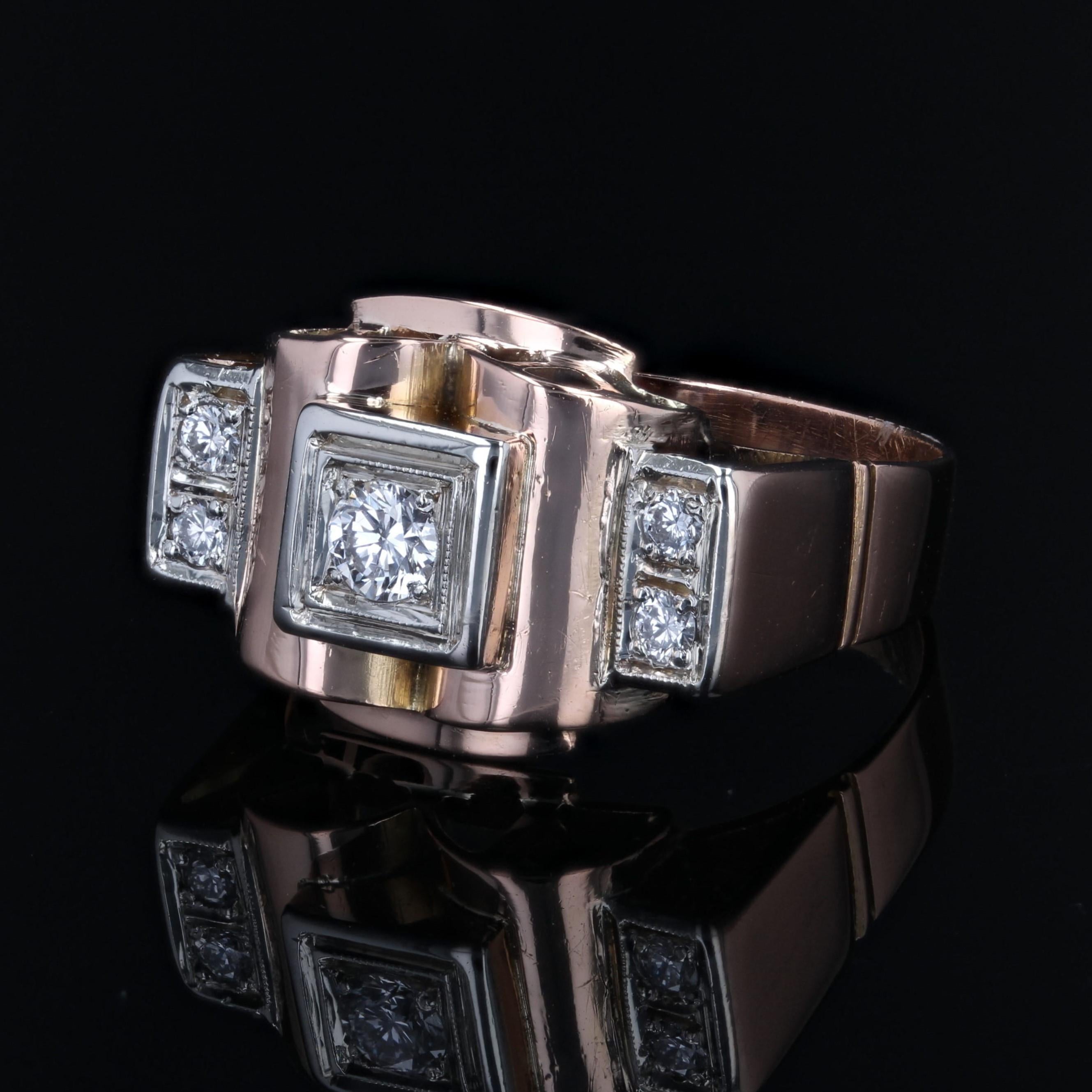 French 1940s Diamonds 18 Karat Rose Gold Tank Ring For Sale 1