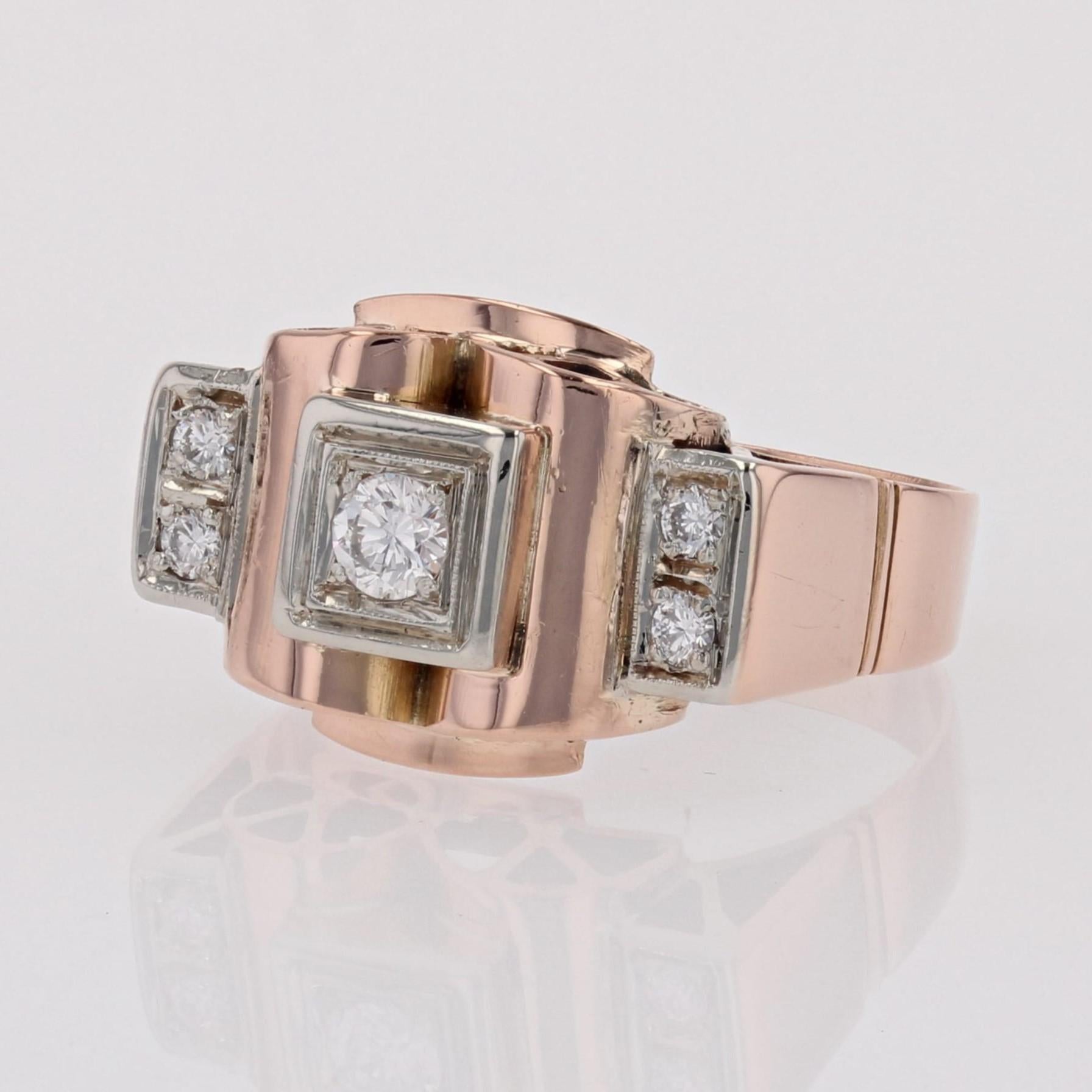 French 1940s Diamonds 18 Karat Rose Gold Tank Ring For Sale 2