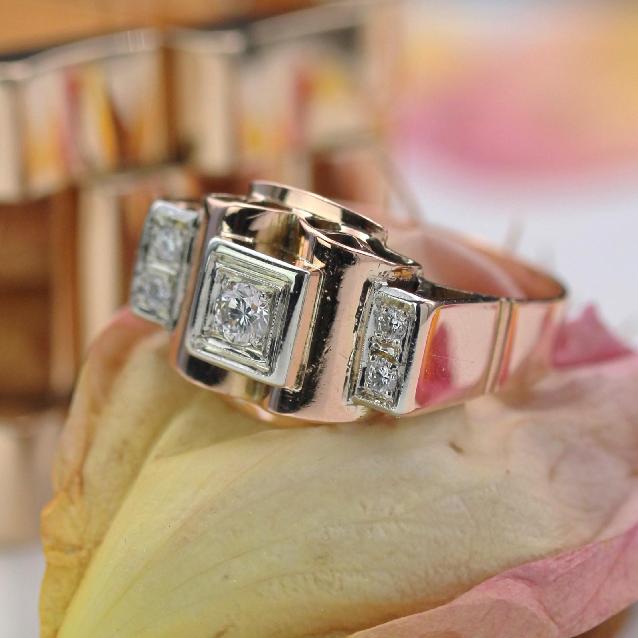 French 1940s Diamonds 18 Karat Rose Gold Tank Ring For Sale 3