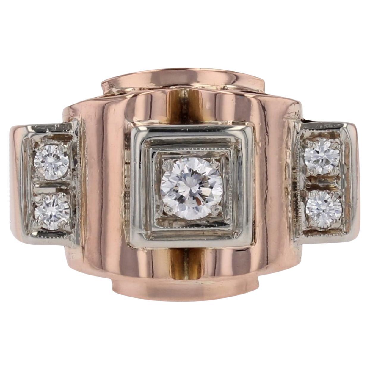 French 1940s Diamonds 18 Karat Rose Gold Tank Ring For Sale