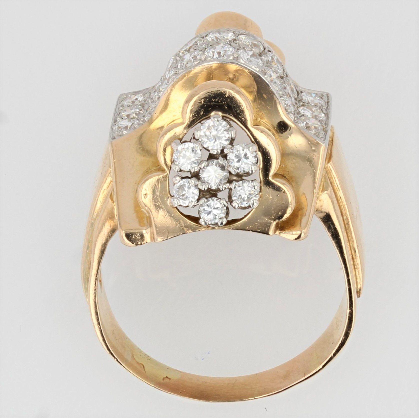 French 1940s Diamonds 18 Karat Yellow Gold Knot Tank Ring For Sale 1