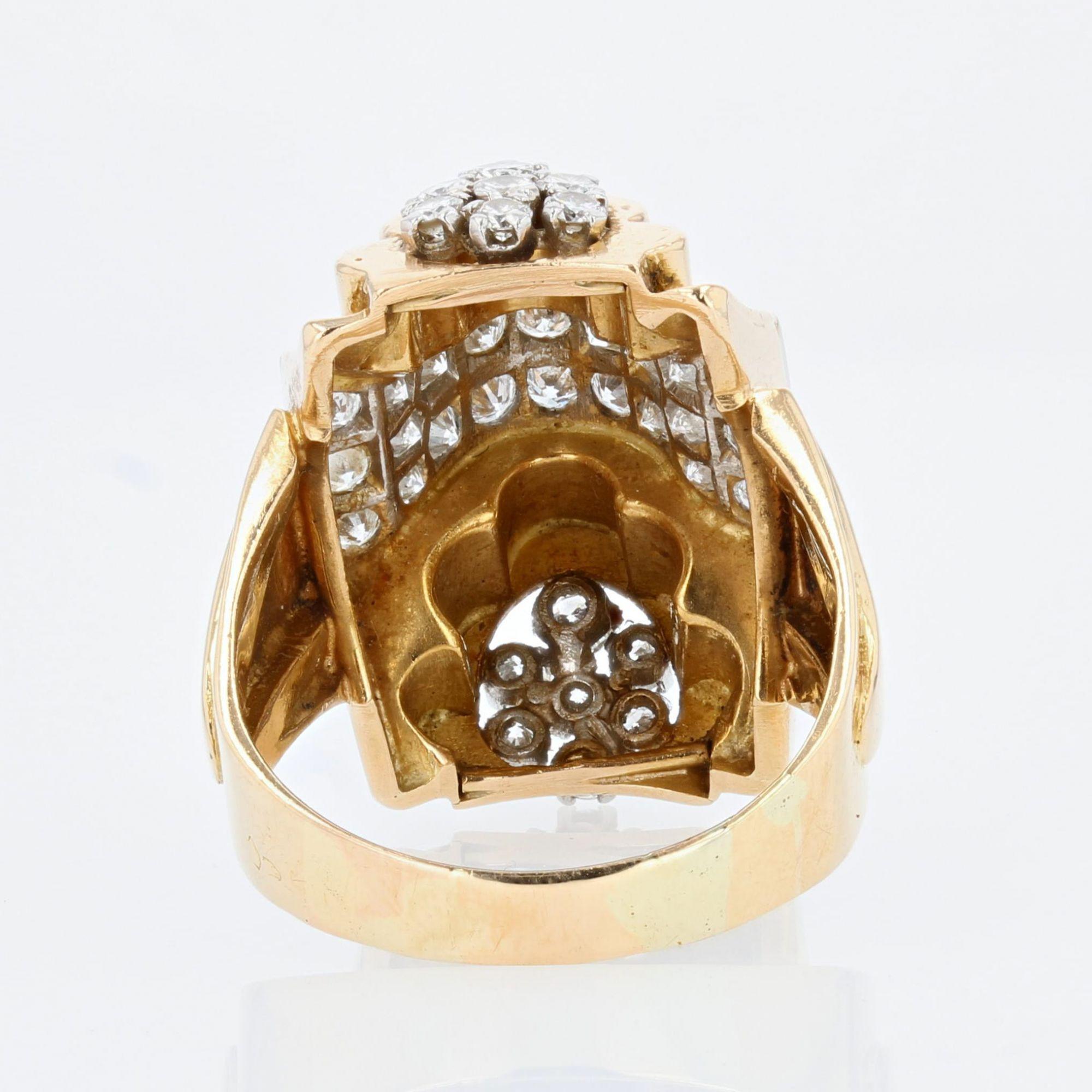 French 1940s Diamonds 18 Karat Yellow Gold Knot Tank Ring For Sale 2