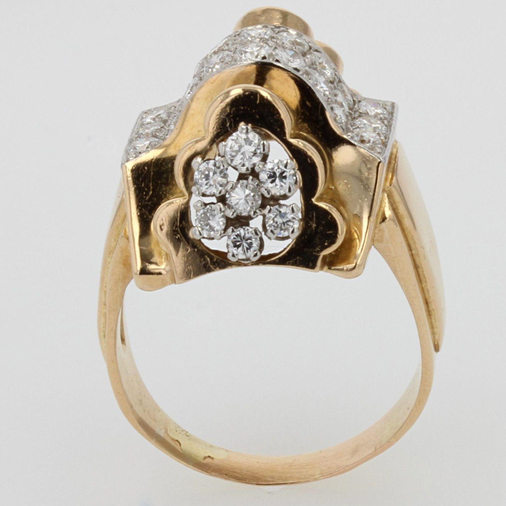 French 1940s Diamonds 18 Karat Yellow Gold Knot Tank Ring For Sale 3