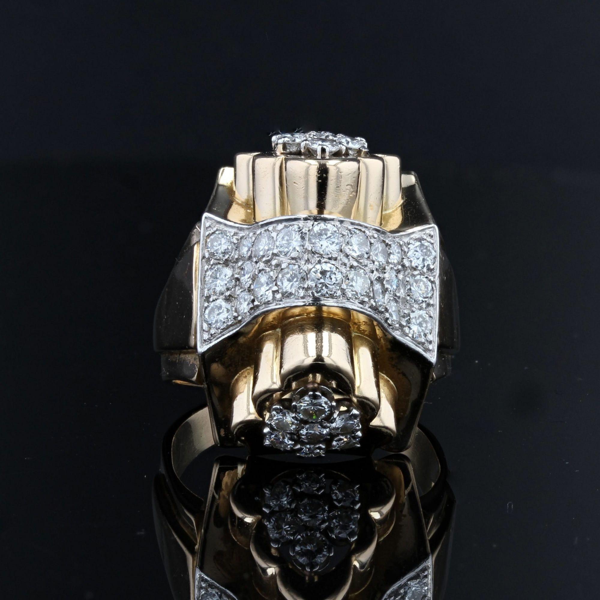 Taille brillant Bague dbardeur franaise en or jaune 18 carats avec diamants, annes 1940 en vente