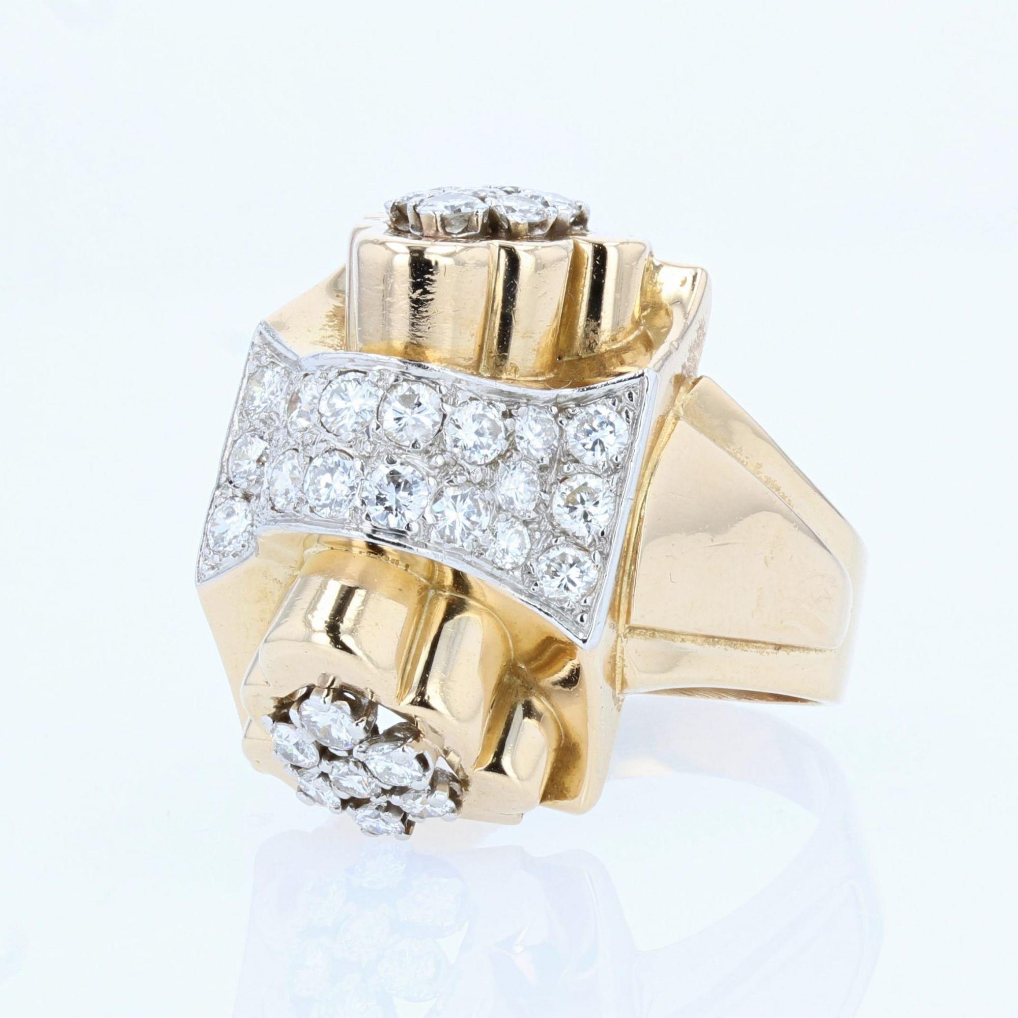 French 1940s Diamonds 18 Karat Yellow Gold Knot Tank Ring For Sale at ...