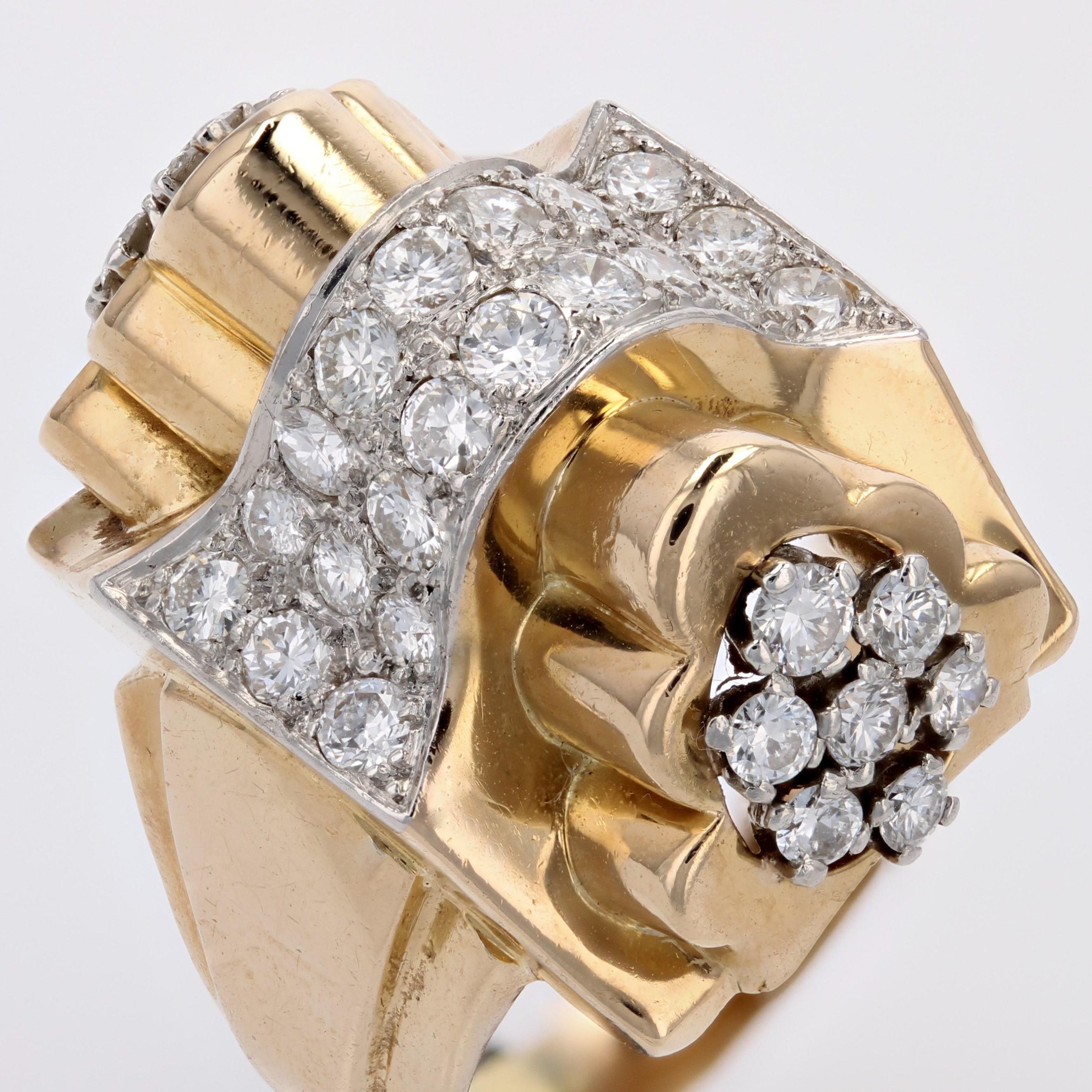 Brilliant Cut French 1940s Diamonds 18 Karat Yellow Gold Knot Tank Ring For Sale